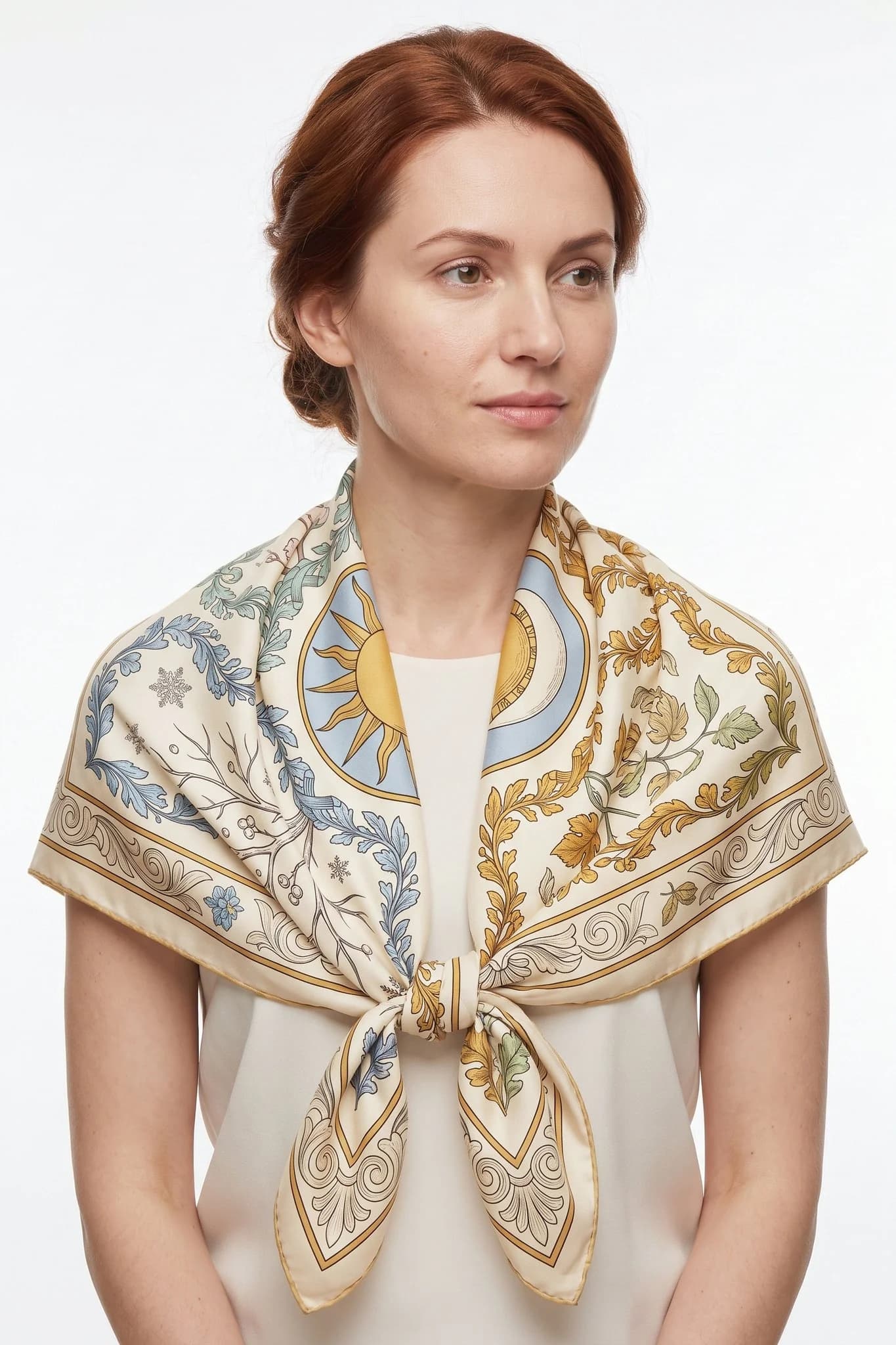 Foulard di seta 90 Quatre saisons indossato a triangolo sulle spalle di una donna, vista in studio