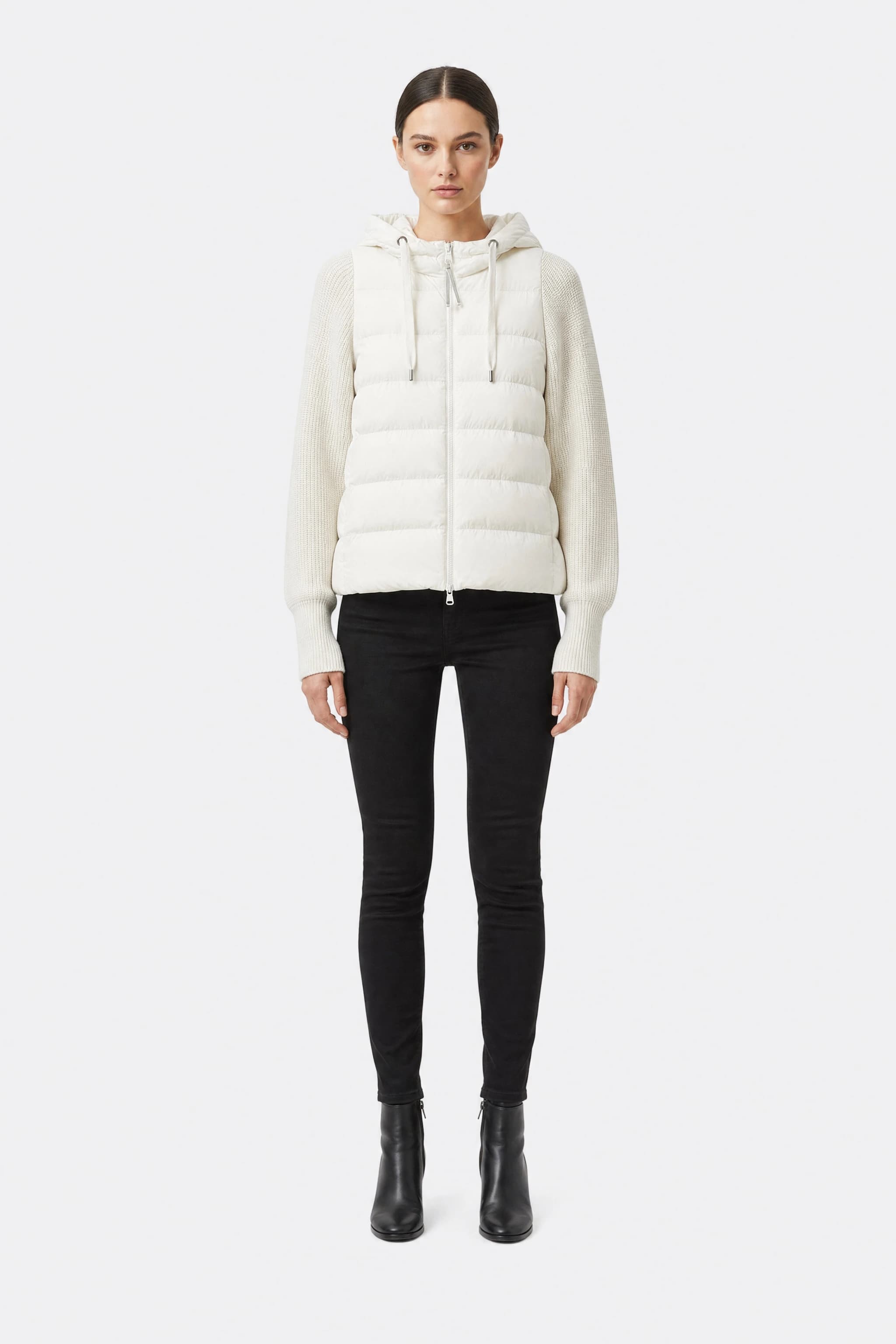 White bi-material down jacket with duck down and hood, worn, front view