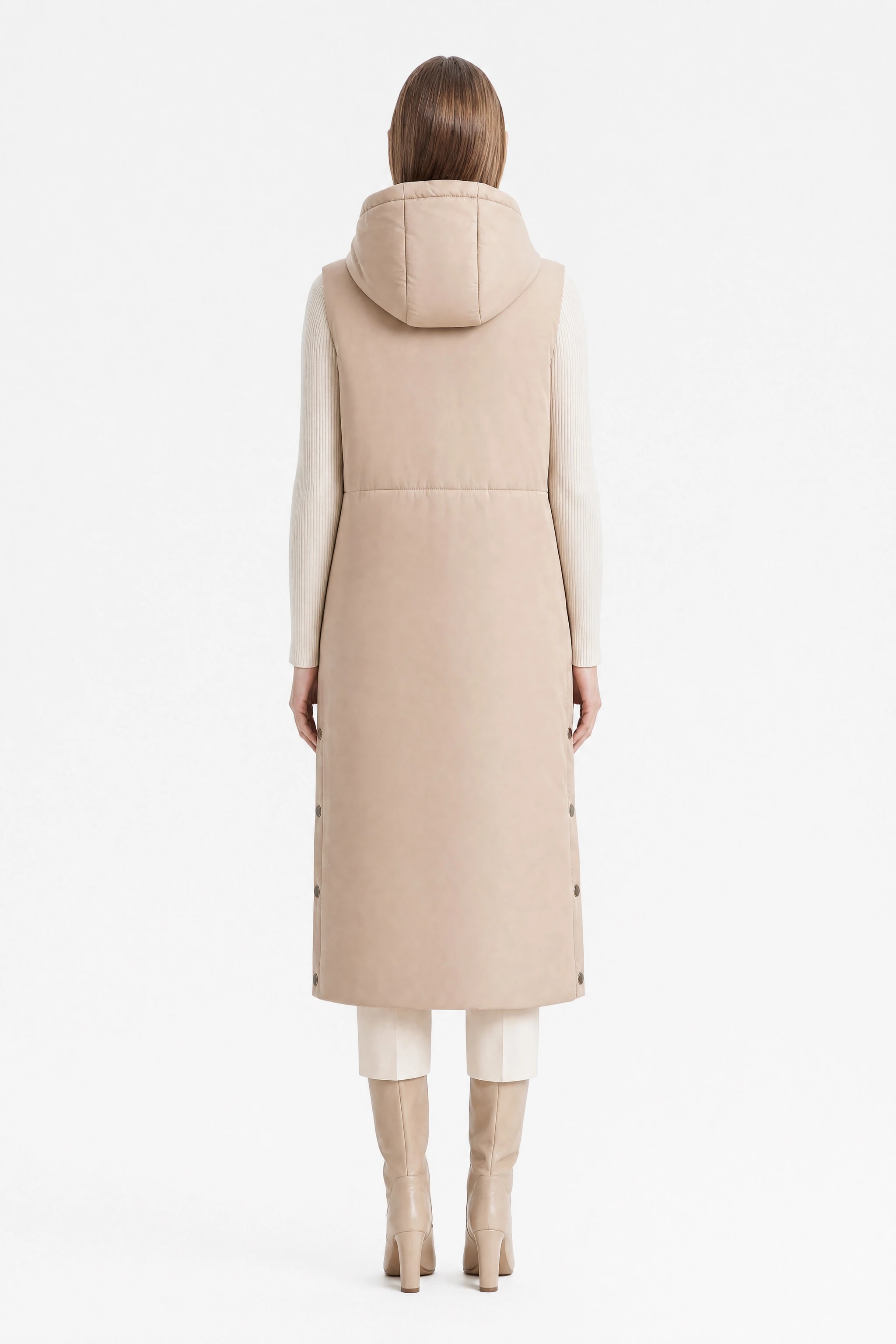 Beige, langärmlige, ärmellose Daunenjacke mit Kapuze, Rückansicht