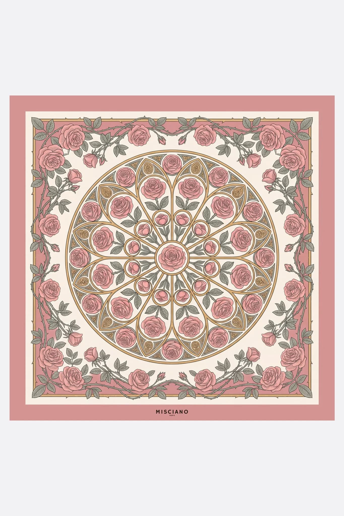 Grande foulard di seta 110 Cathédrale de roses Misciano piatto, disegno completo: un rosone di cattedrale composto da rose e fogliame