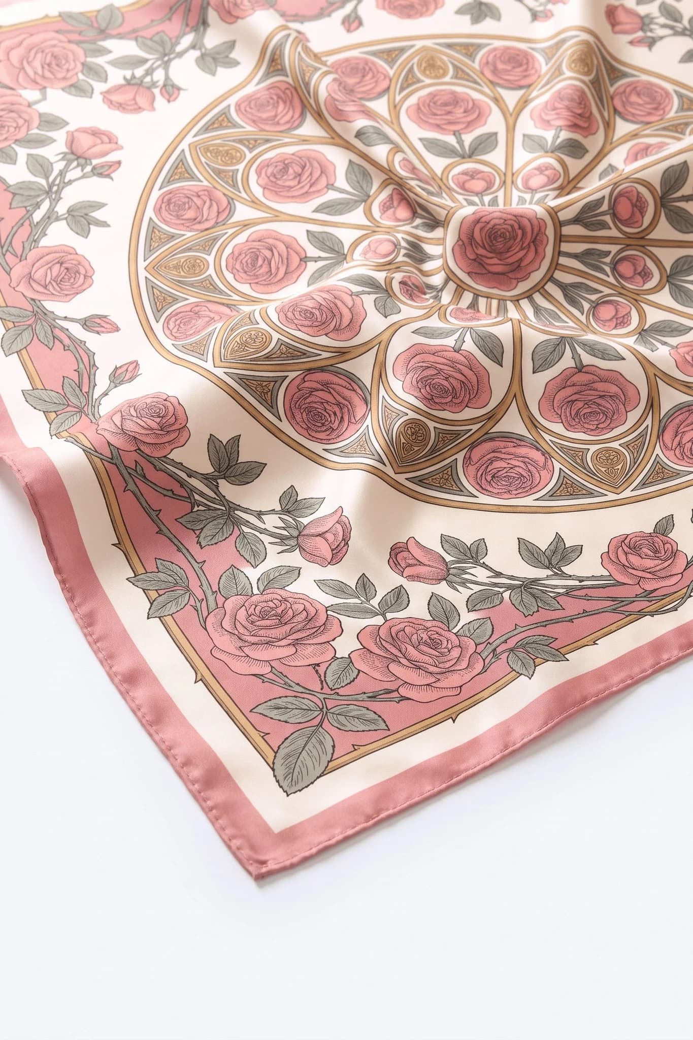 Primo piano sulle pieghe del foulard di seta Cathédrale de roses, twill di seta e orlo arrotolato a mano