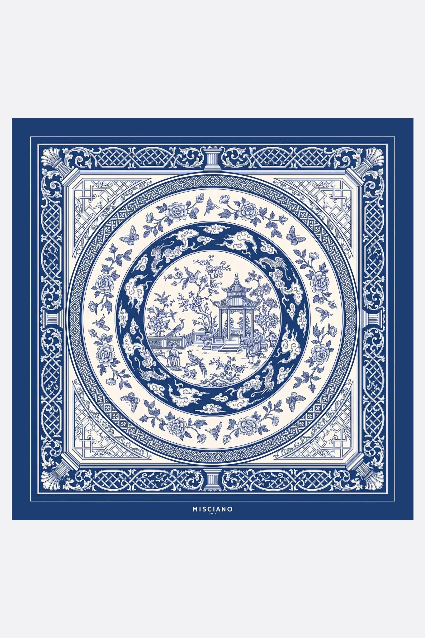 Large 110 silk scarf Grande porcelaine Misciano flat, full design: on a deep blue background