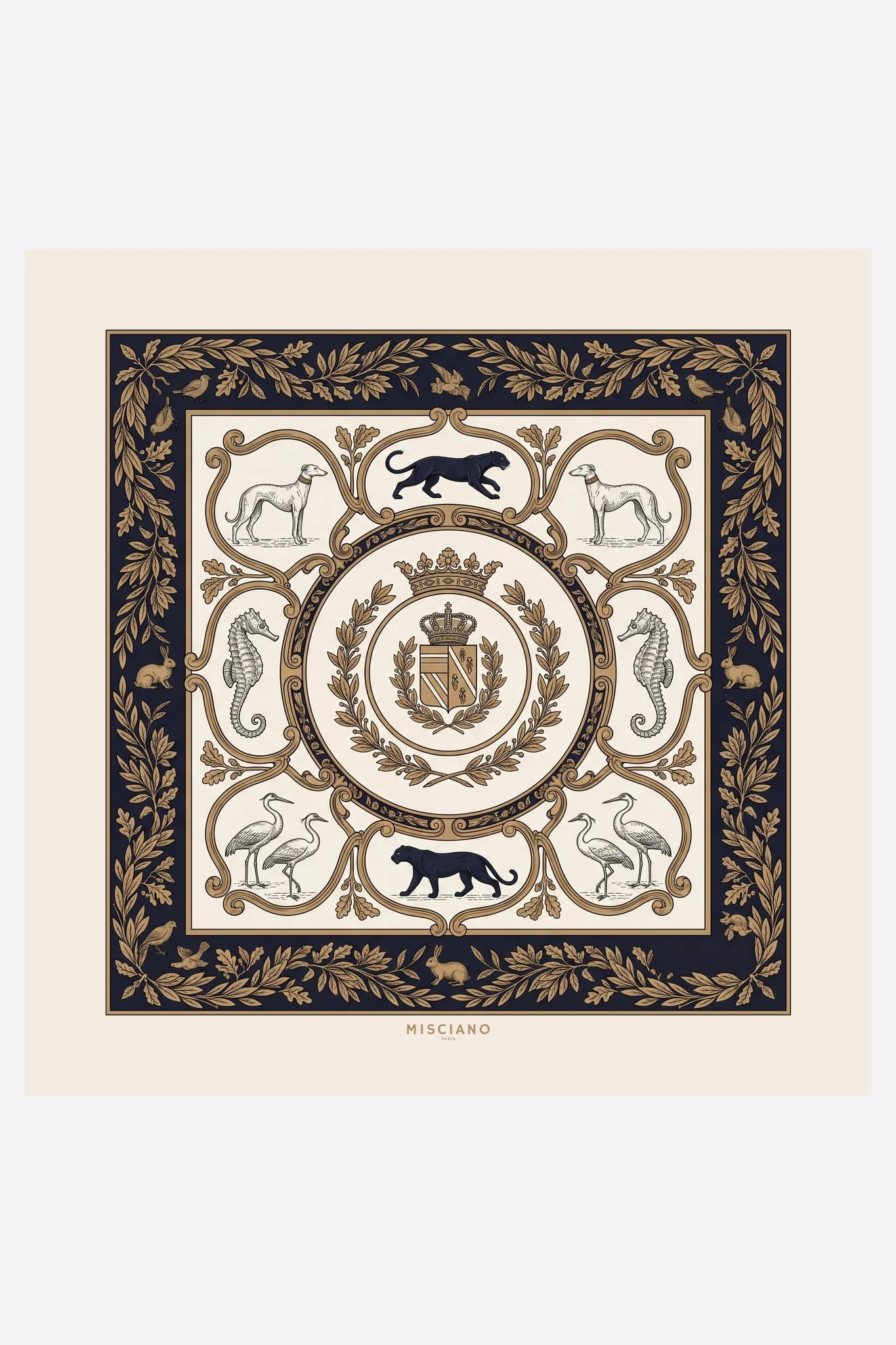 Grande foulard di seta 110 Ménagerie royale Misciano piatto, disegno completo: uno stemma coronato in una corona d'alloro
