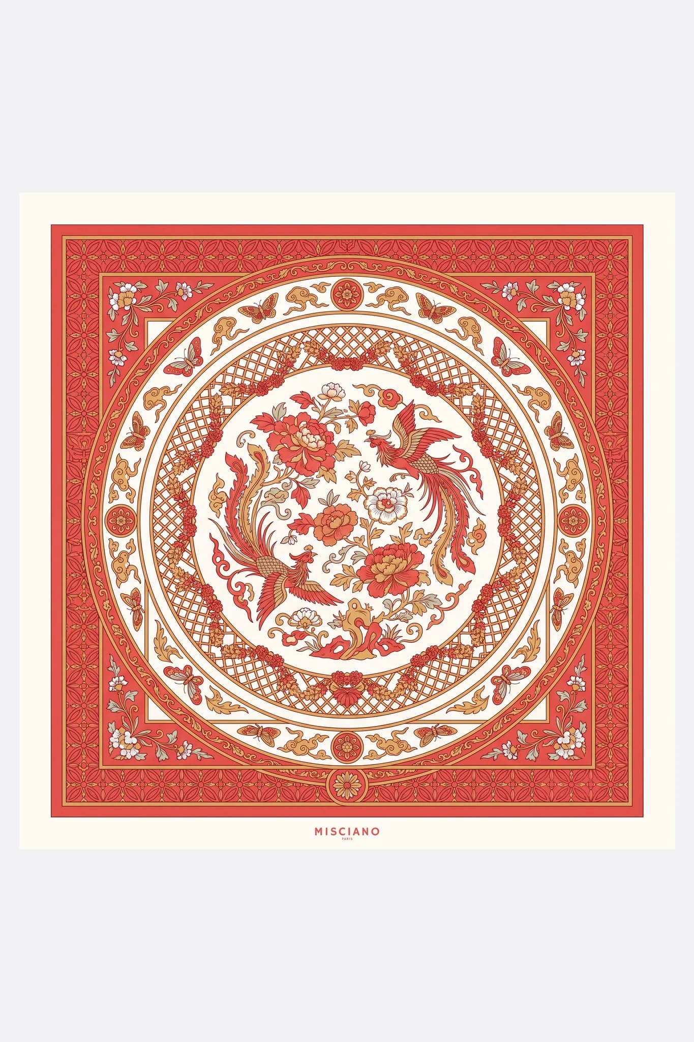 Large 110 silk scarf Porcelaine corail Misciano flat, full design: a large coral and gold porcelain plate