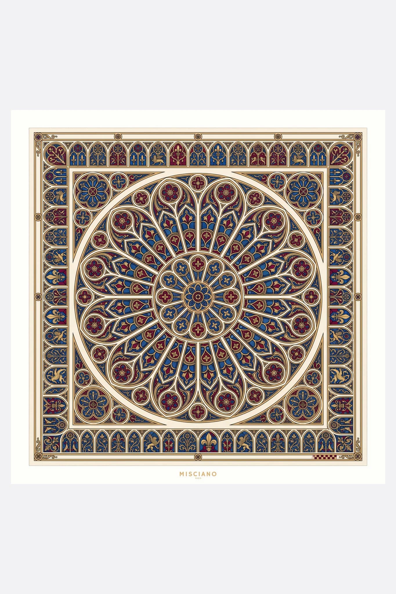 Grande foulard di seta 110 Vitrail impérial Misciano disteso, disegno completo: un rosone gotico in vetrata
