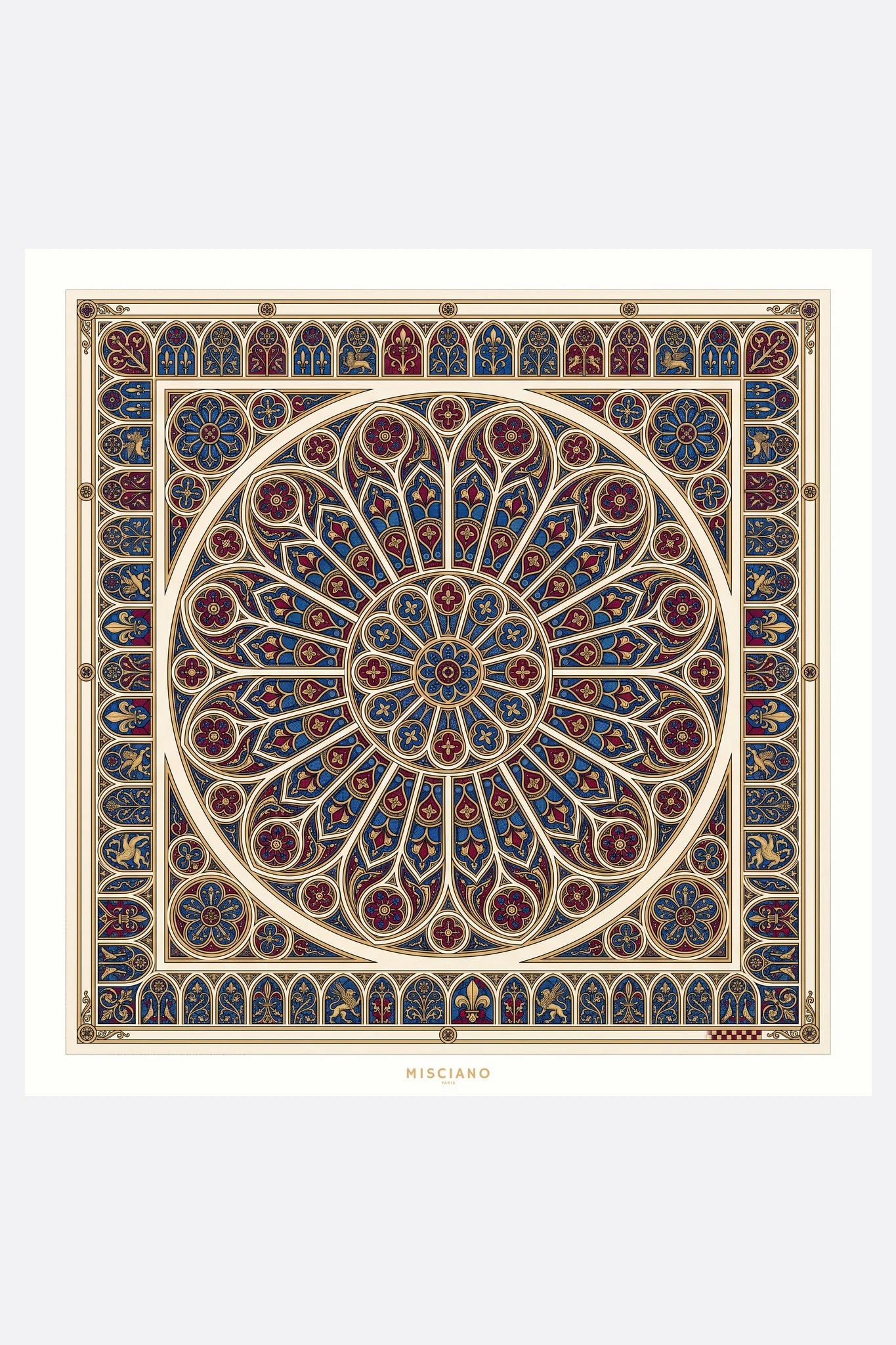 Grande foulard di seta 110 Vitrail impérial Misciano disteso, disegno completo: un rosone gotico in vetrata