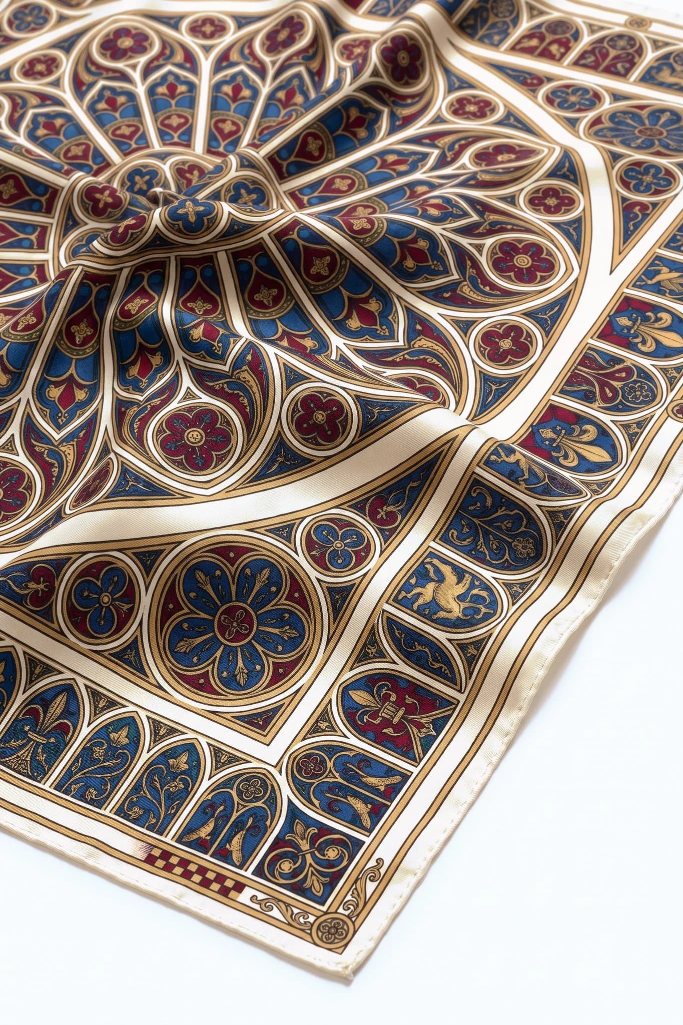 Primo piano sulle pieghe del foulard di seta Vitrail impérial, twill di seta e orlo arrotolato a mano