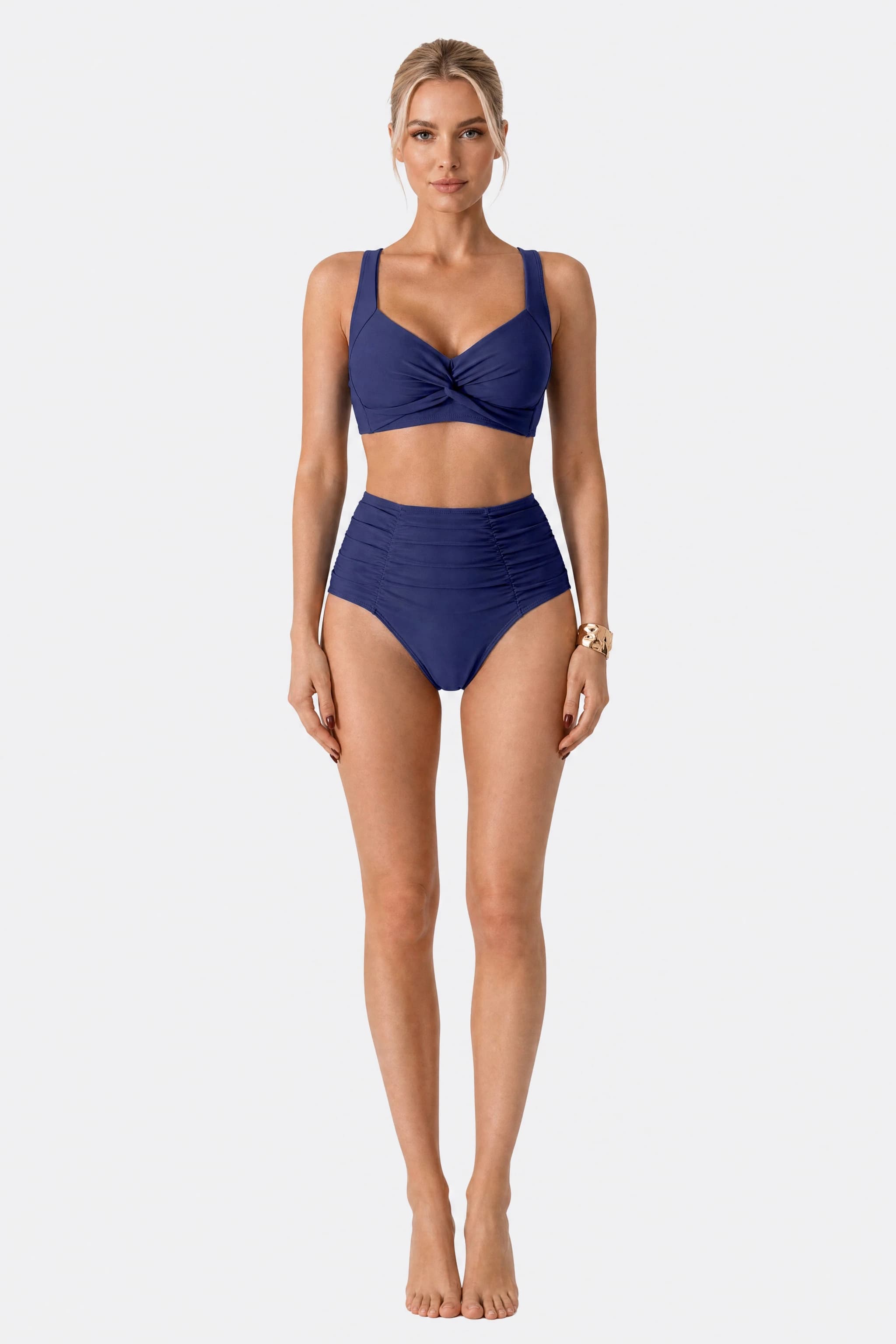 Maillot de bain deux pièces bleu marine torsadé, vue de face en studio