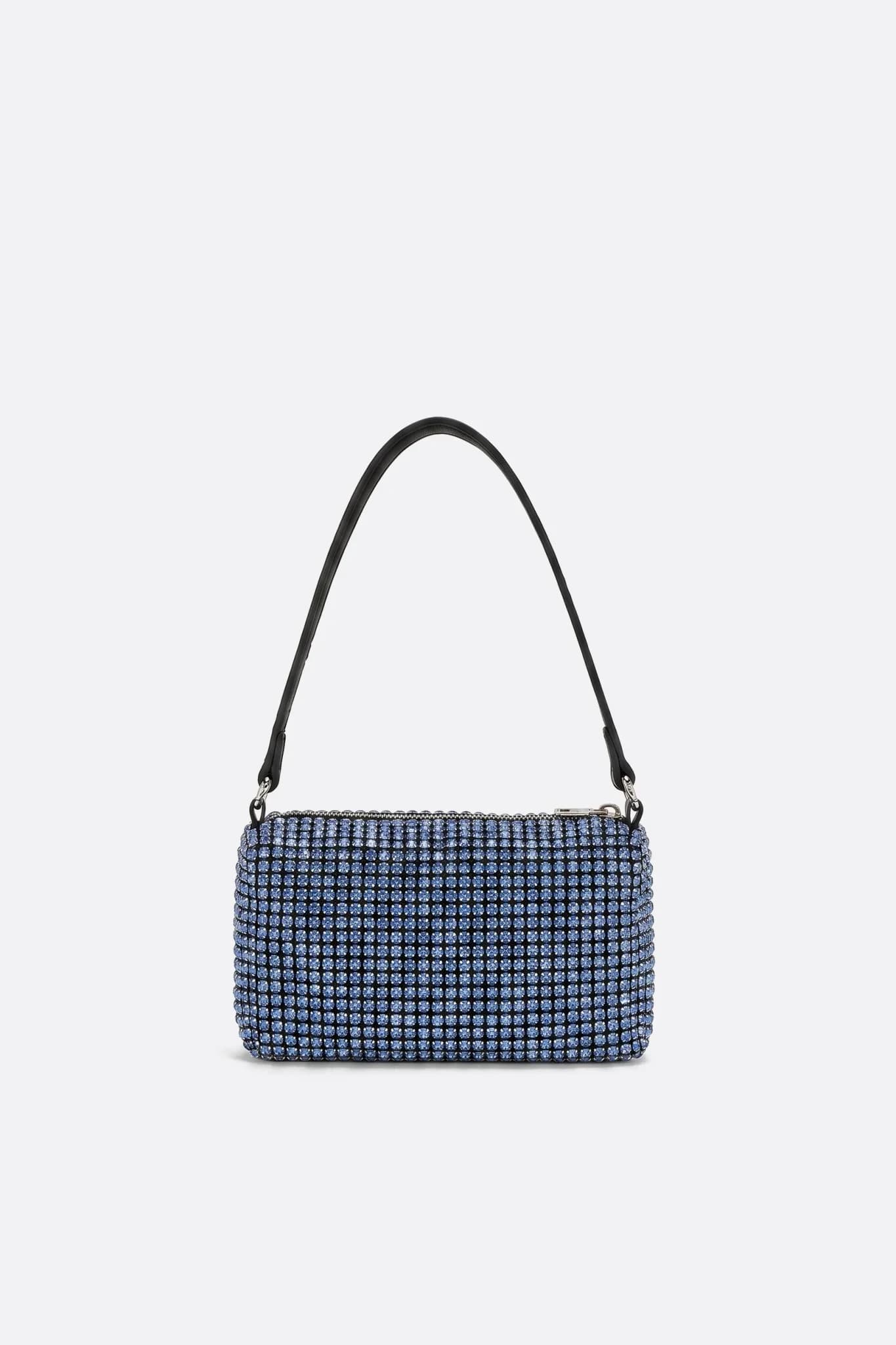 Mini bolso rectangular con strass azules, vista de perfil