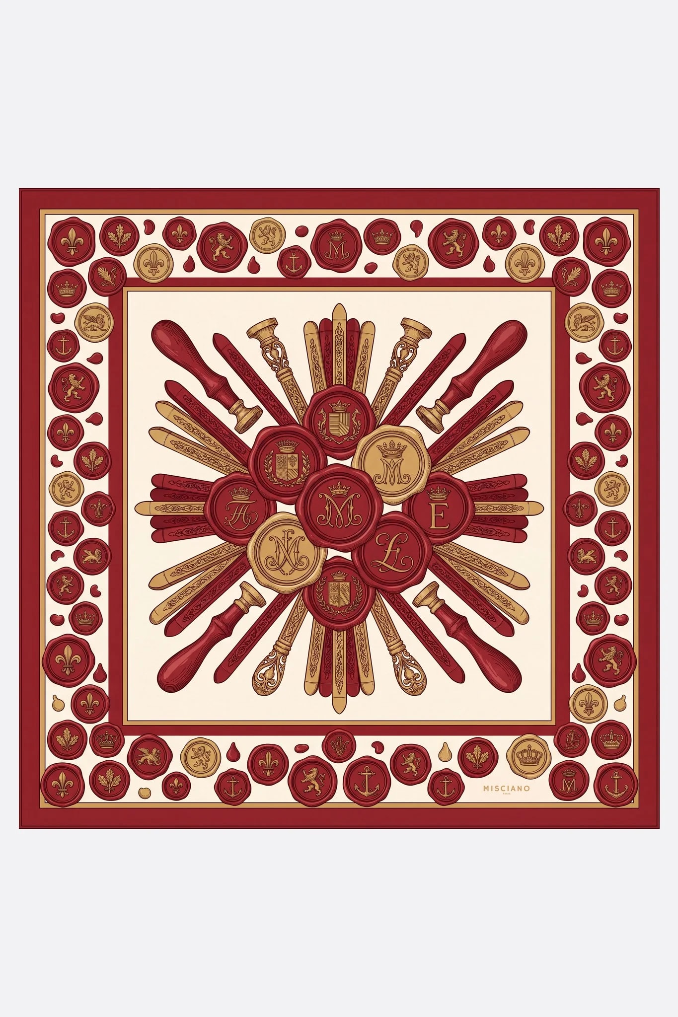 Pañuelo pequeño de seda 50 Misciano sellos de cera plano, diseño completo: sobre fondo crema