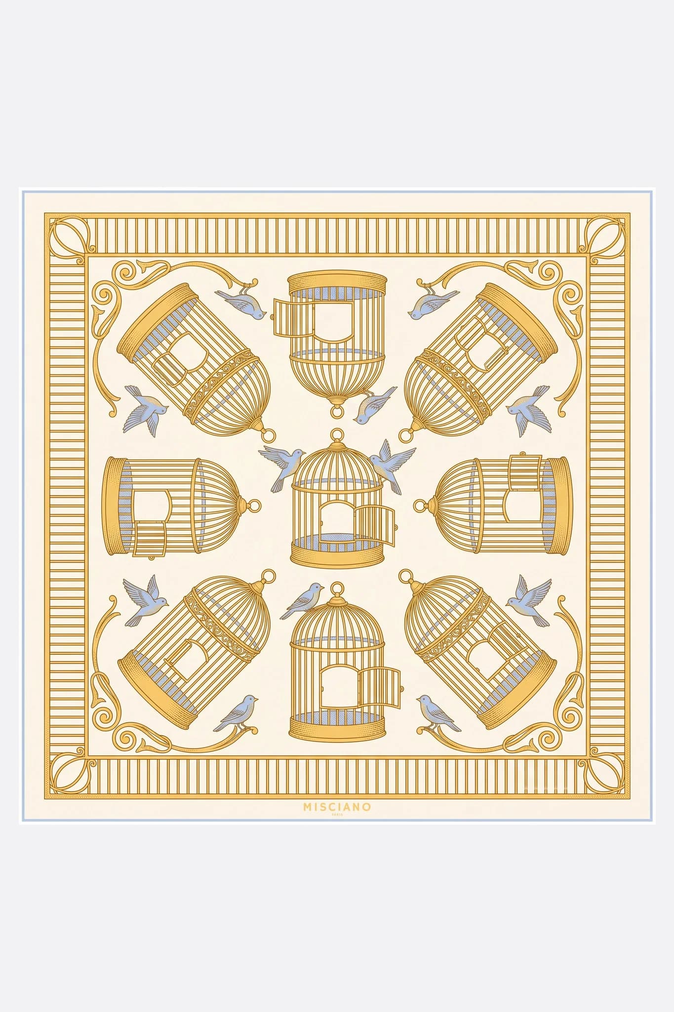 Small silk scarf 50 Cages dorées Misciano flat, full design: nine golden cages