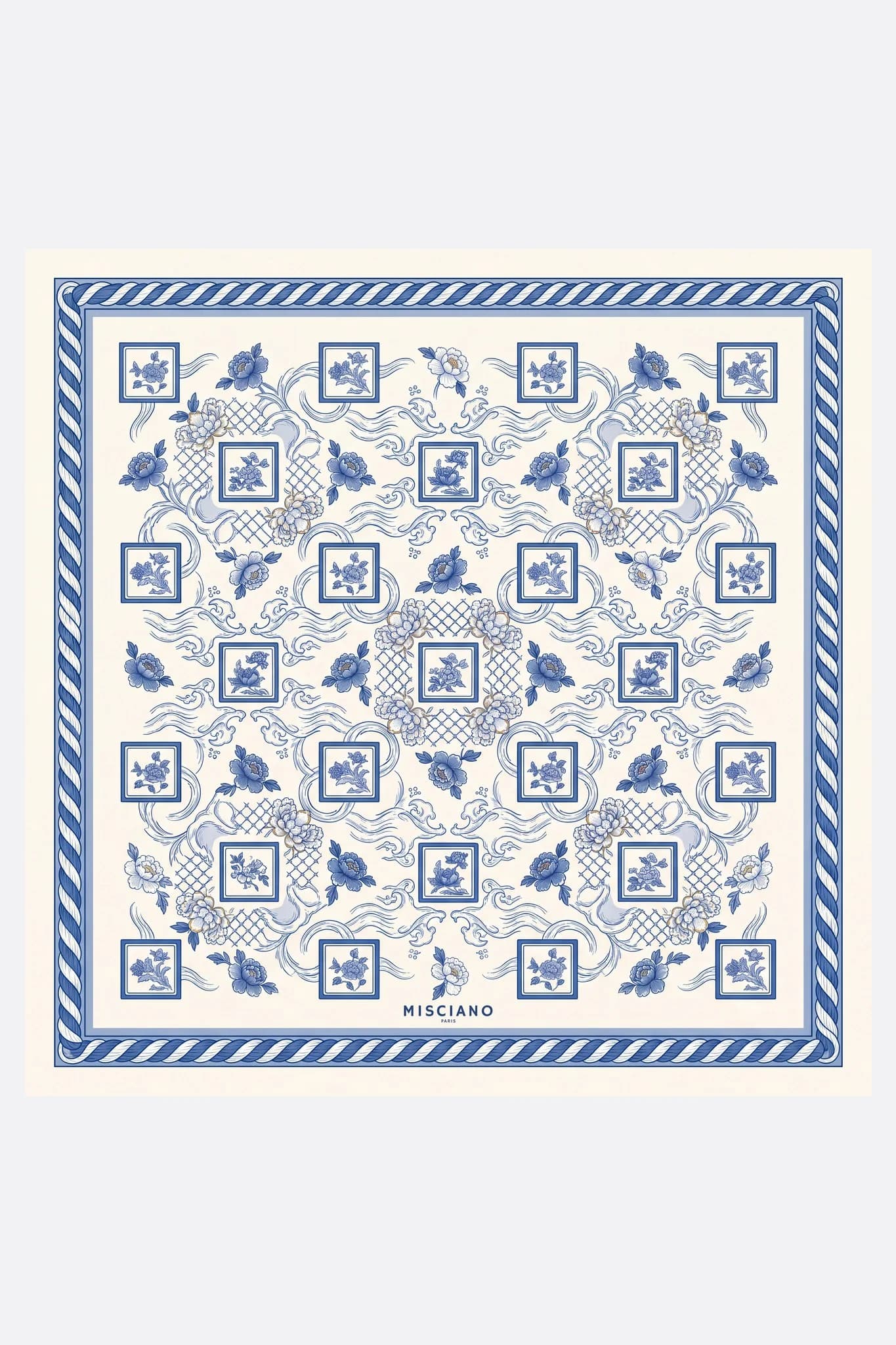 Small silk scarf 50 Camaïeu de porcelaine Misciano flat, full design: a checkerboard of small blue and white faience tiles