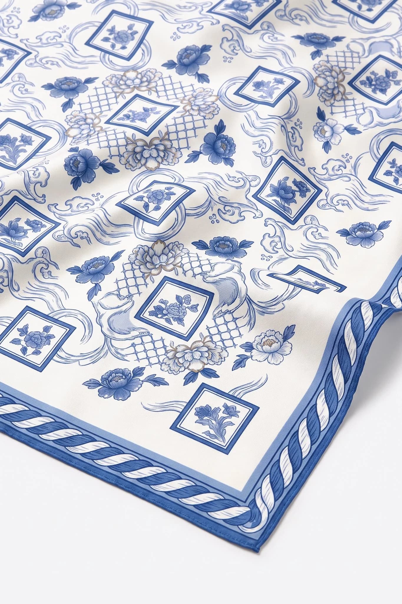 Close-up on the folds of the silk scarf Camaïeu de porcelaine, silk twill and hand-rolled hem