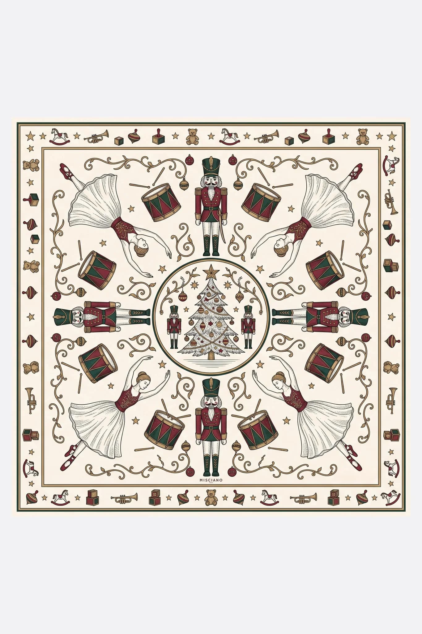 Small silk scarf 50 Casse-noisette Misciano flat, full pattern: nutcracker soldiers in red and green uniforms