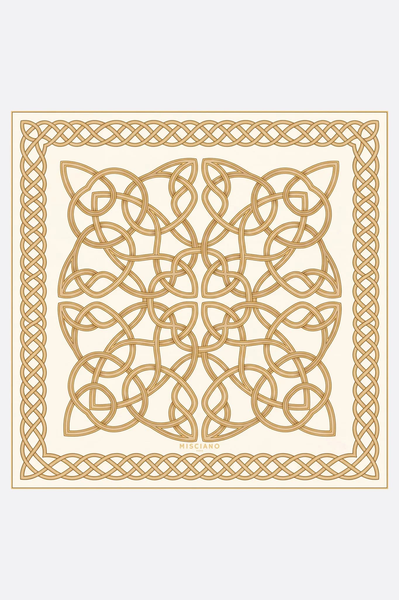 Small silk scarf 50 Entrelacs d'or Misciano flat, full design: a large golden interlacing