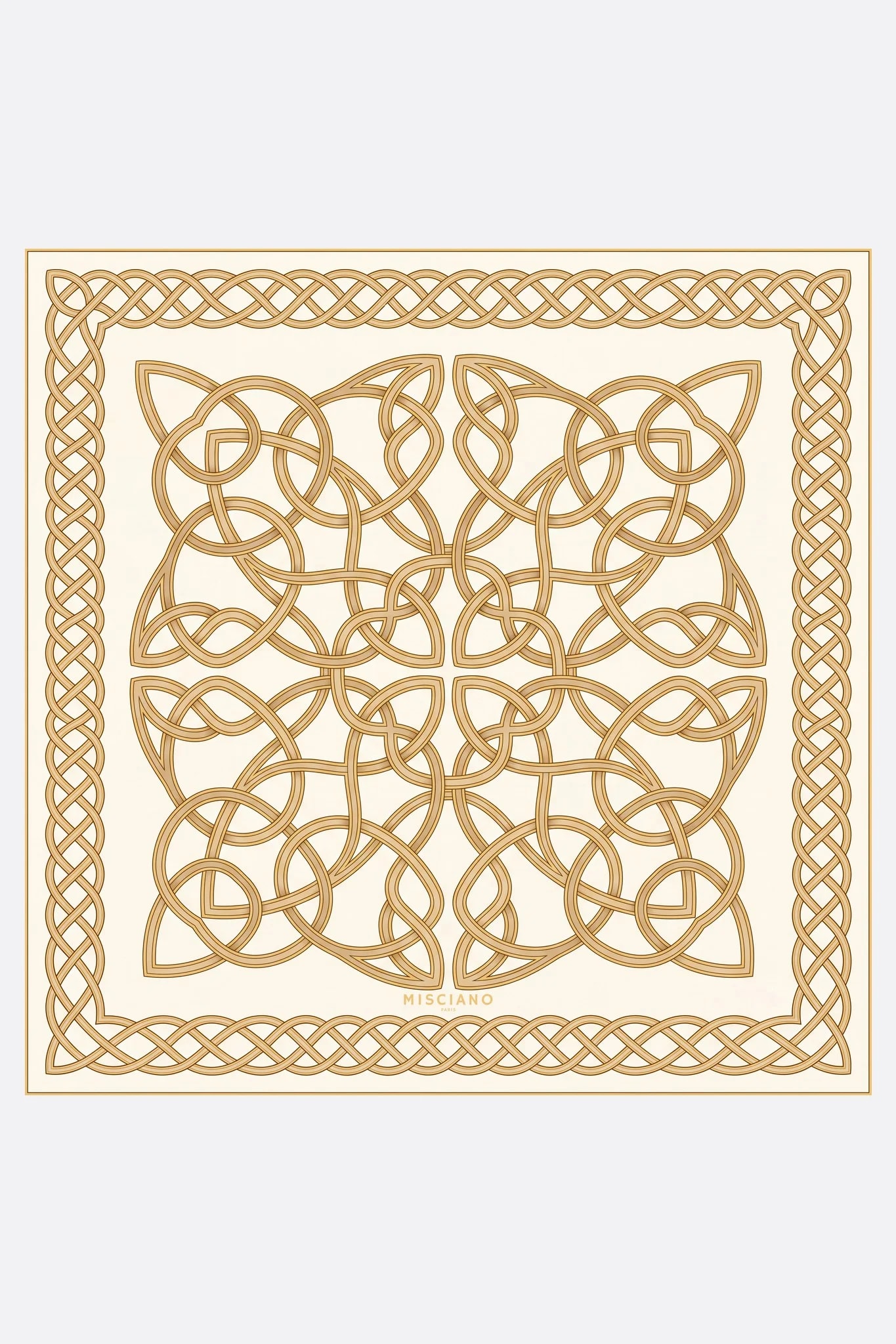 Small silk scarf 50 Entrelacs d'or Misciano flat, full design: a large golden interlacing