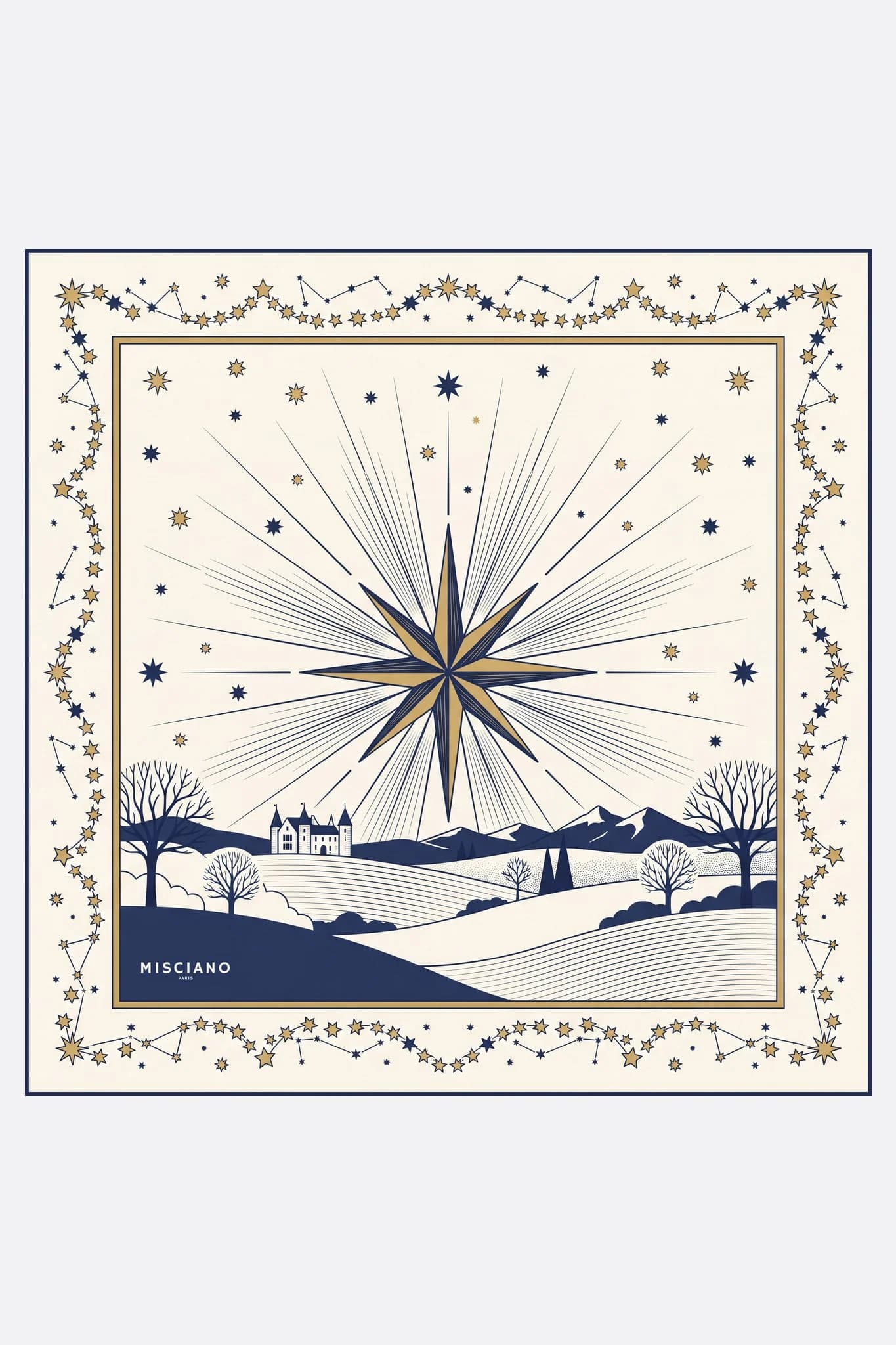 Small silk scarf 50 Étoile du berger Misciano flat, full design: a large star in marine and gold radiates above a winter landscape
