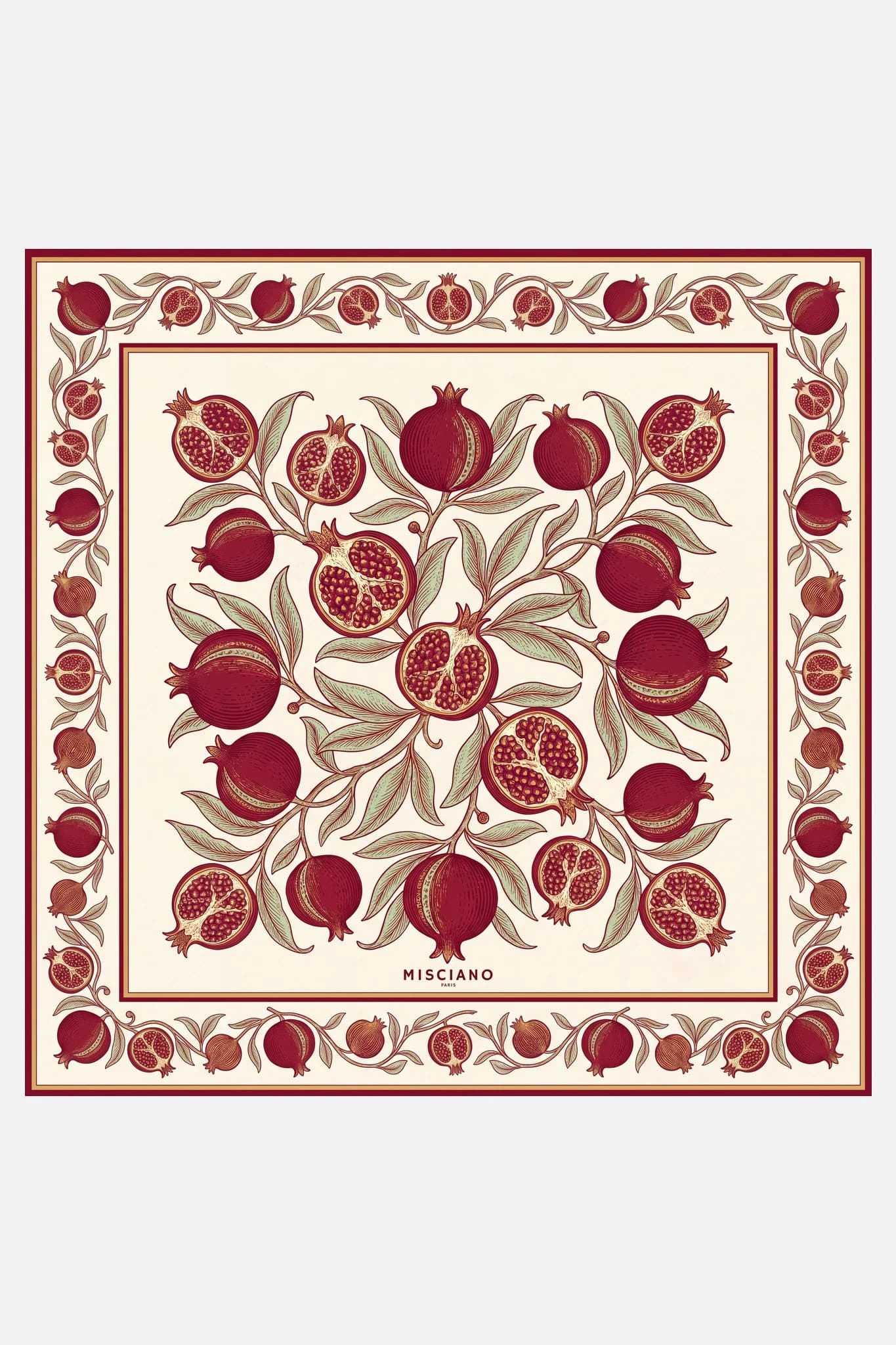Kleines Seidentuch 50 Goldene Granatäpfel Misciano flach, vollständiges Design: rote Granatäpfel