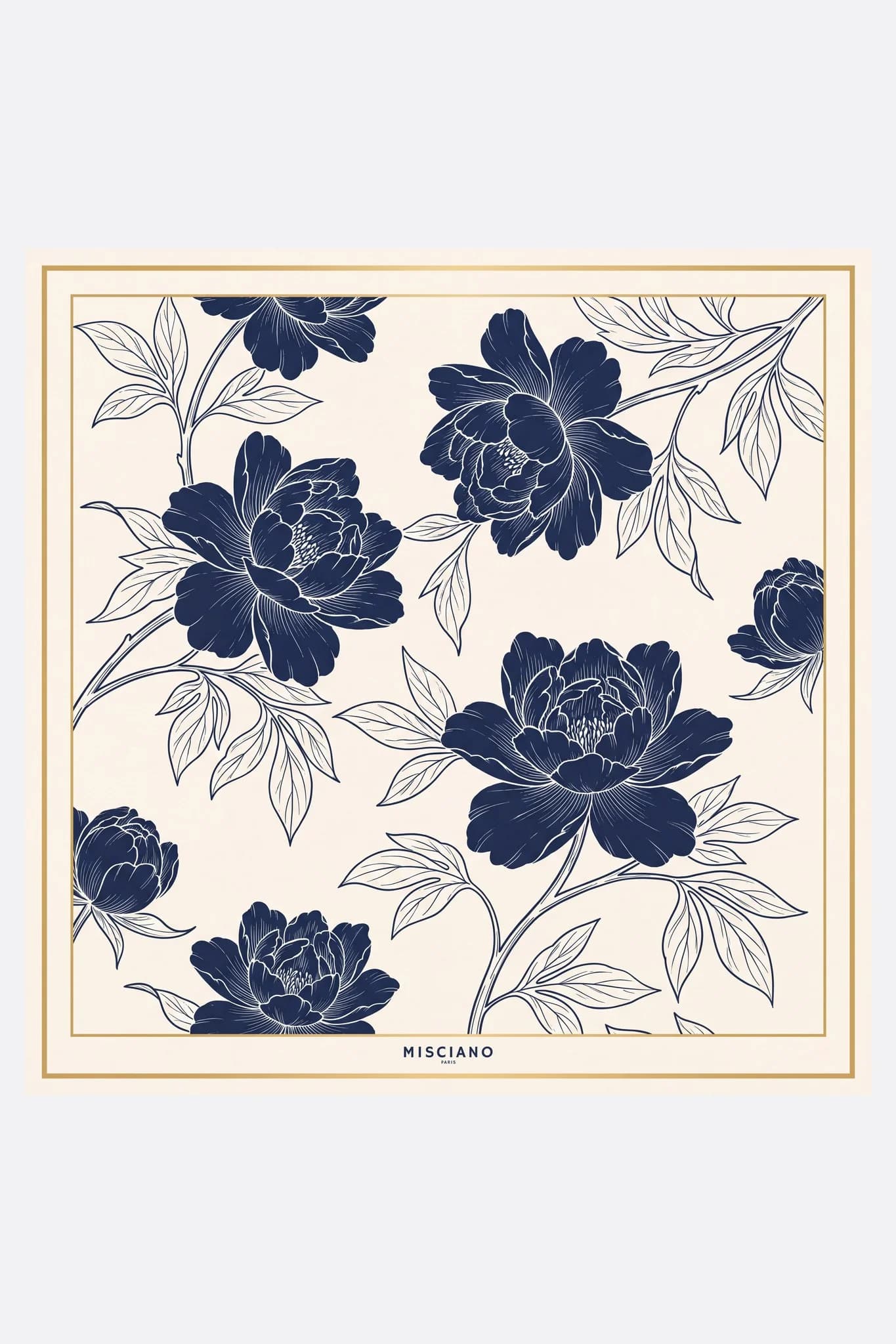 Kleines Seidentuch 50 Pivoines d'encre Misciano flach, vollständiges Design: Große Pfingstrosen in Marine-Tinte öffnen sich auf cremefarbenem Hintergrund