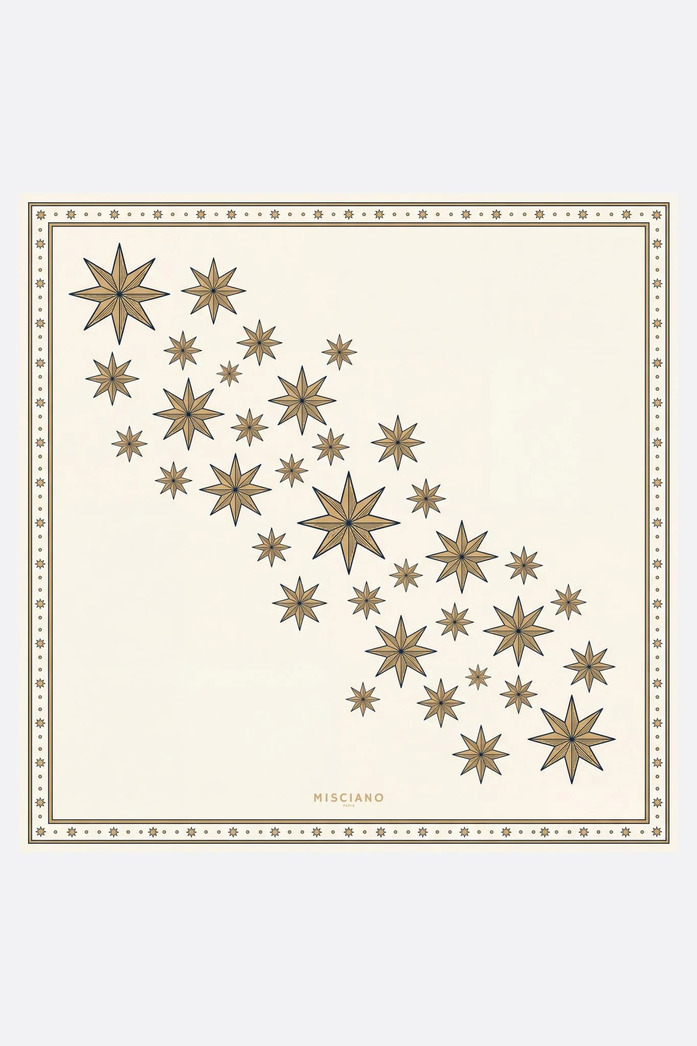Small silk scarf 50 Pluie d'étoiles Misciano flat, full pattern: a diagonal of eight-pointed stars