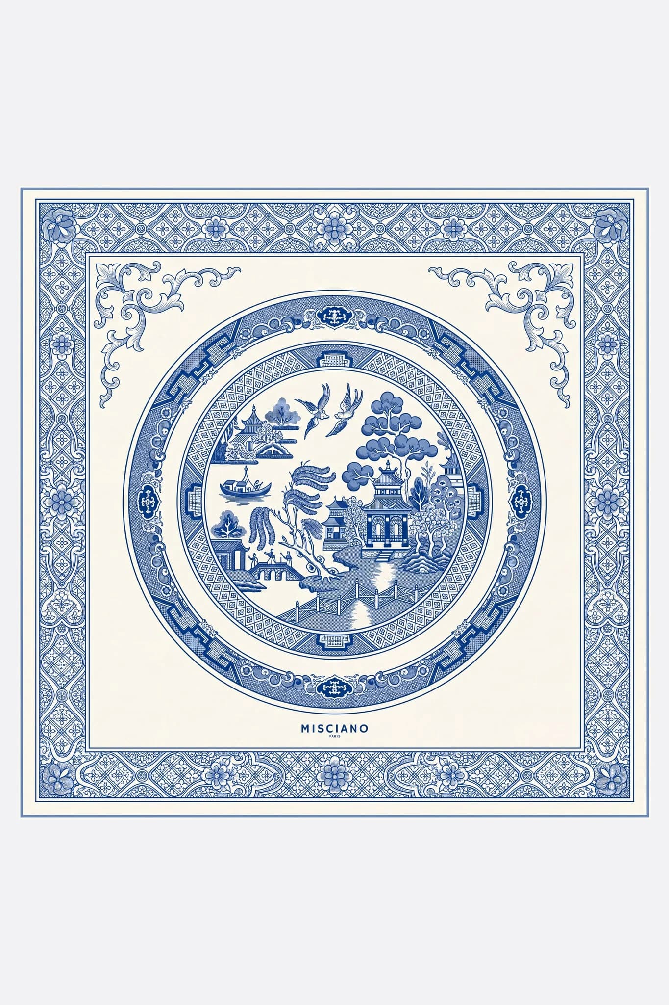 Small 50 silk scarf Blue Porcelain Misciano flat, full design: in the center
