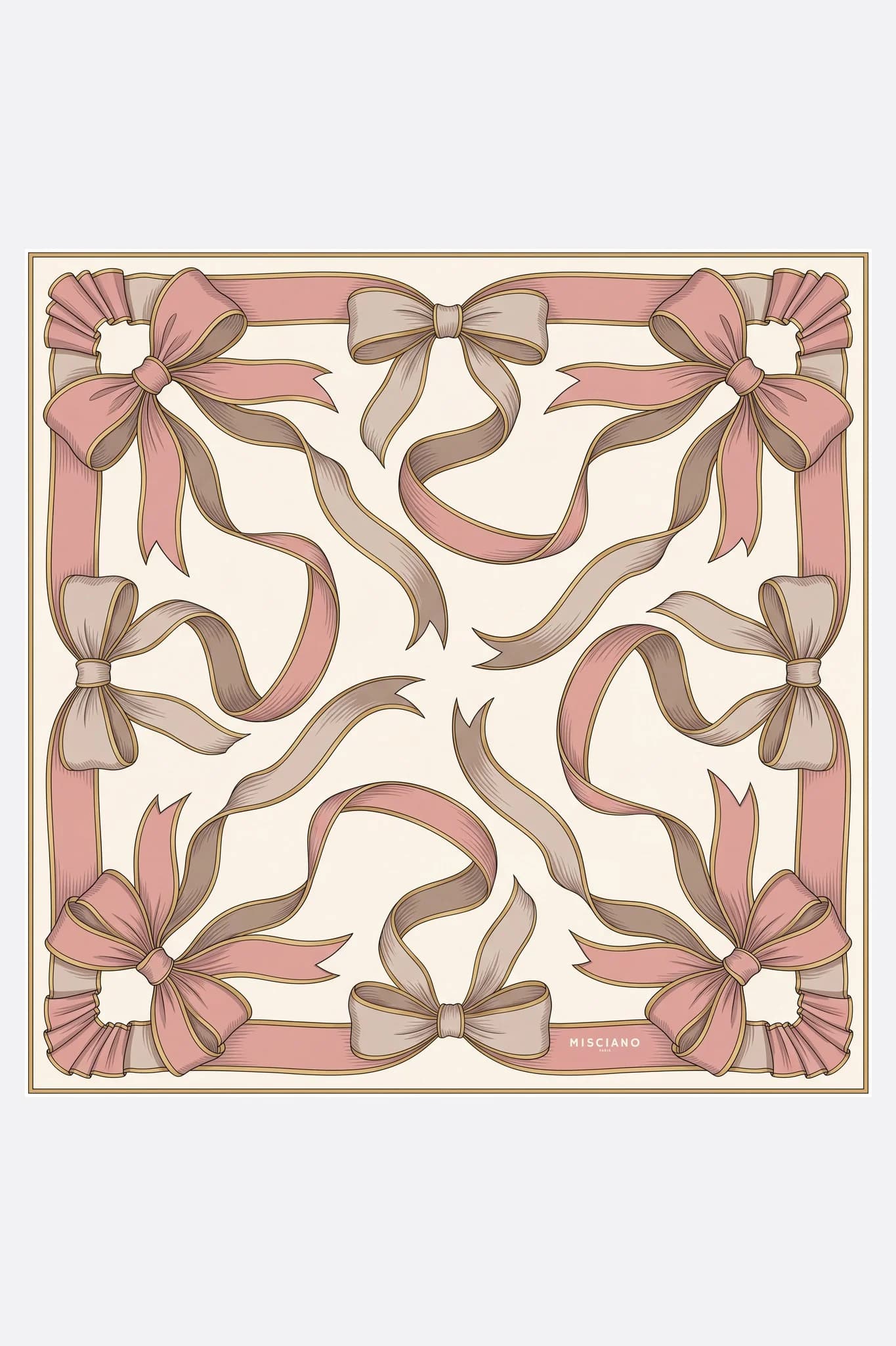 Small silk scarf 50 Misciano silk ribbons flat, full design: wide powder pink and taupe ribbons cross and tie in loops on the cream field