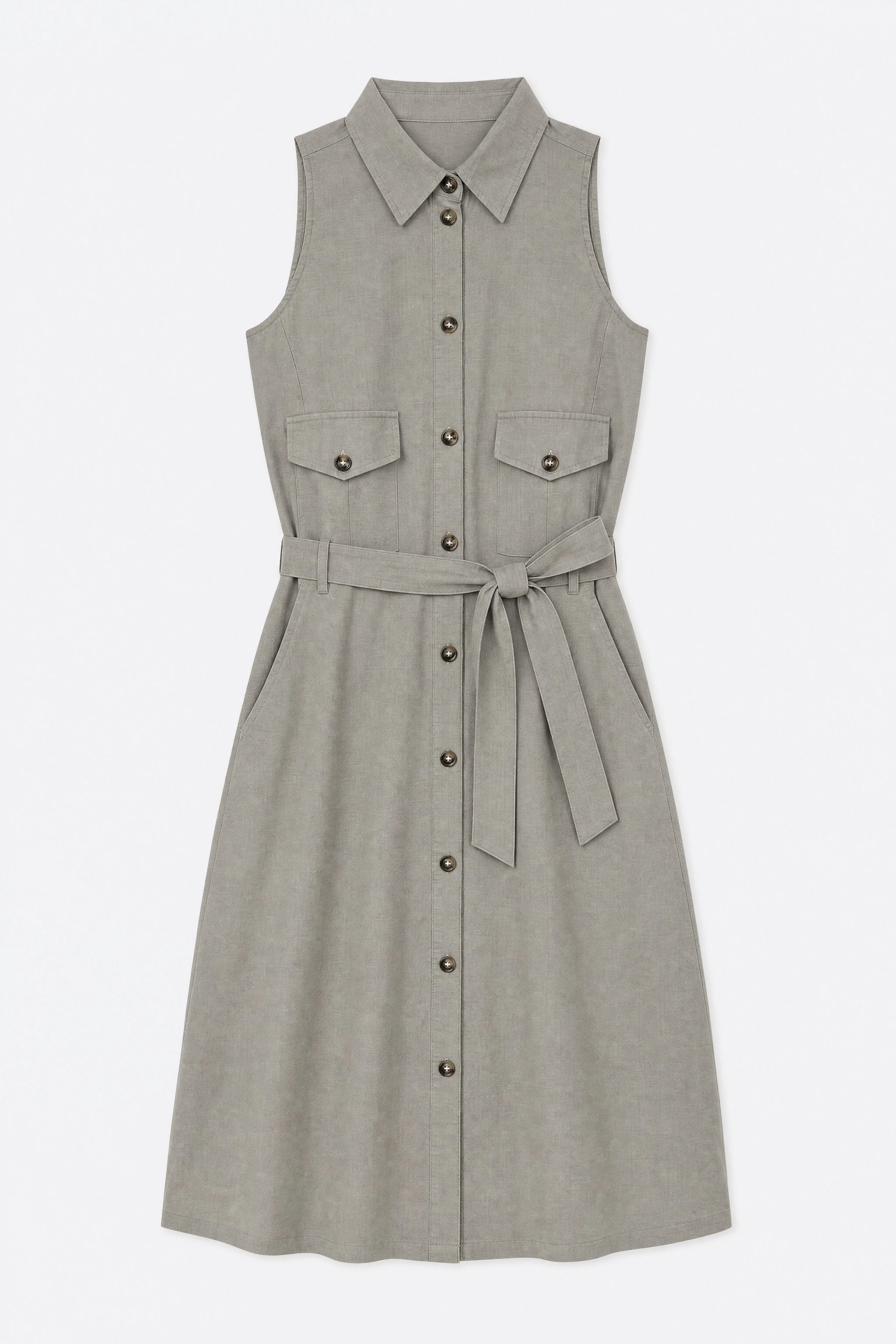 Robe chemise en lin kaki à plat, ceinture nouée et poches plaquées visibles