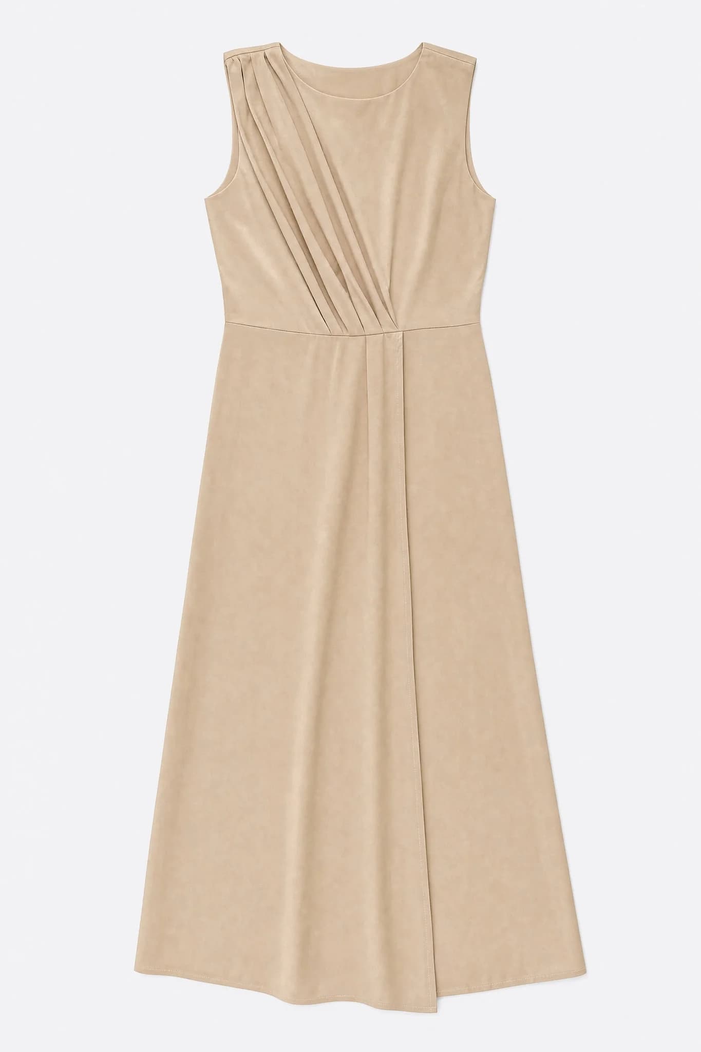 Robe longue satinée beige doré à plat, encolure ronde et pan croisé visibles