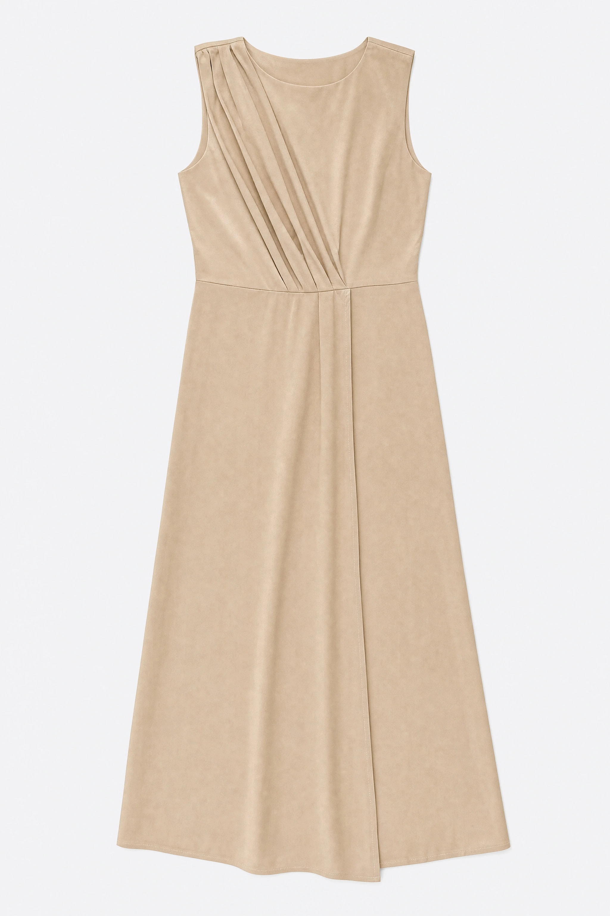 Robe longue satinée beige doré à plat, encolure ronde et pan croisé visibles