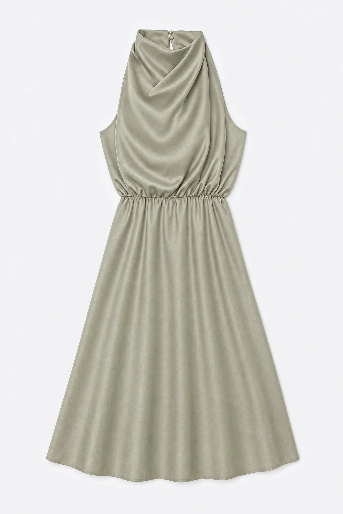 Robe midi satinée vert sauge à plat, col drapé et jupe évasée visibles