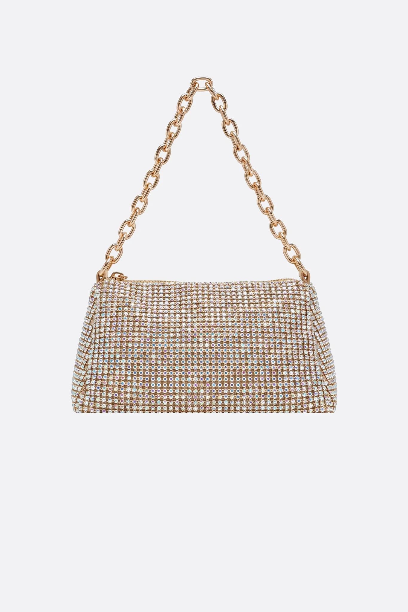 Borsa con cristalli dorati multicolori, vista frontale su fondo neutro