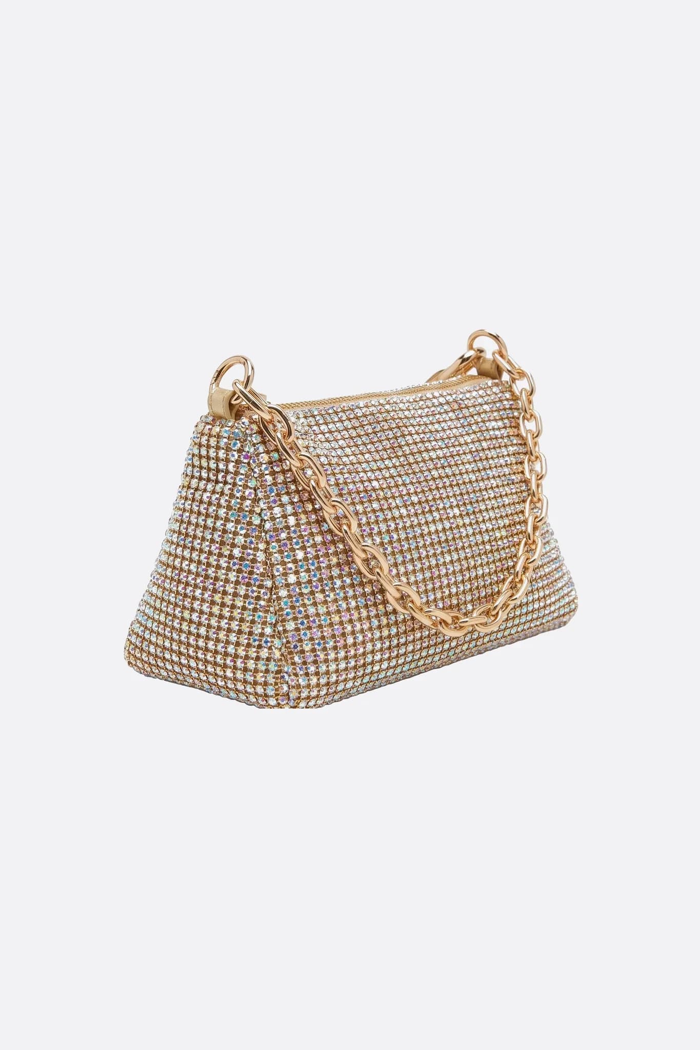 Borsa con cristalli dorati multicolori, vista di tre quarti