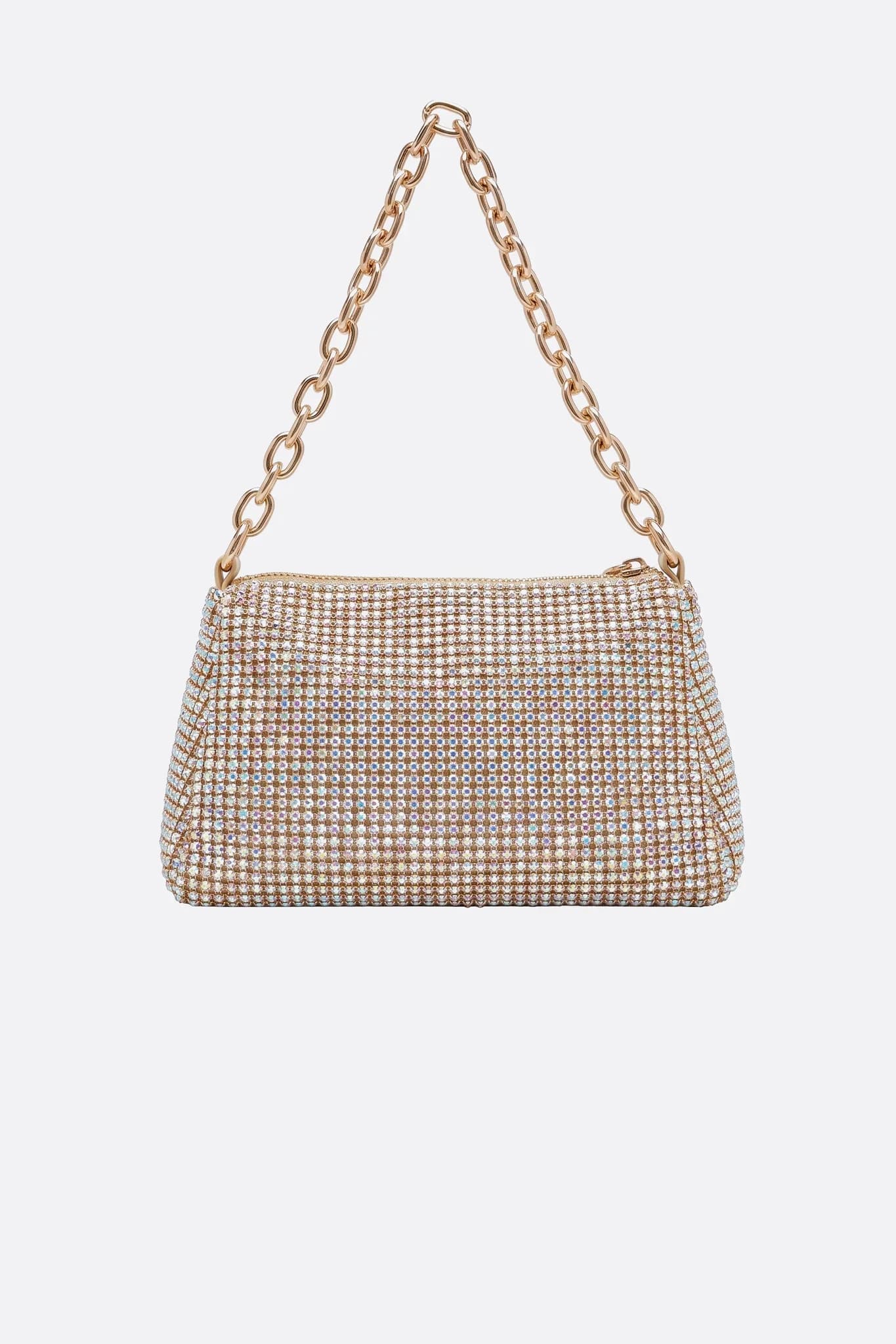 Borsa con cristalli dorati multicolori, vista di profilo