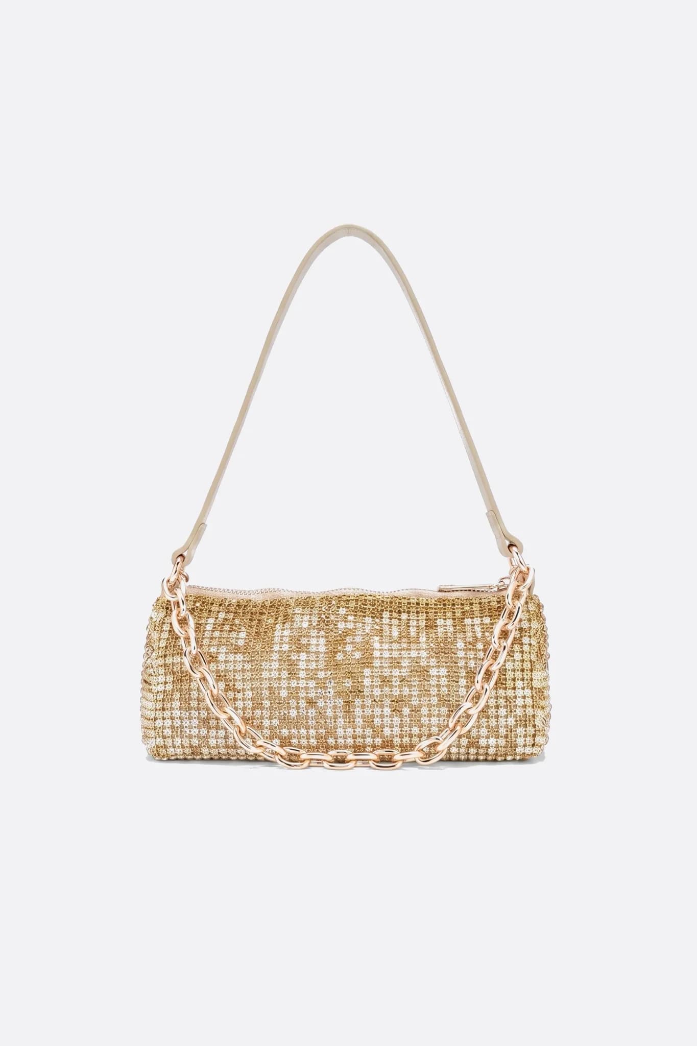 Borsa baguette in strass dorato, vista frontale su fondo neutro