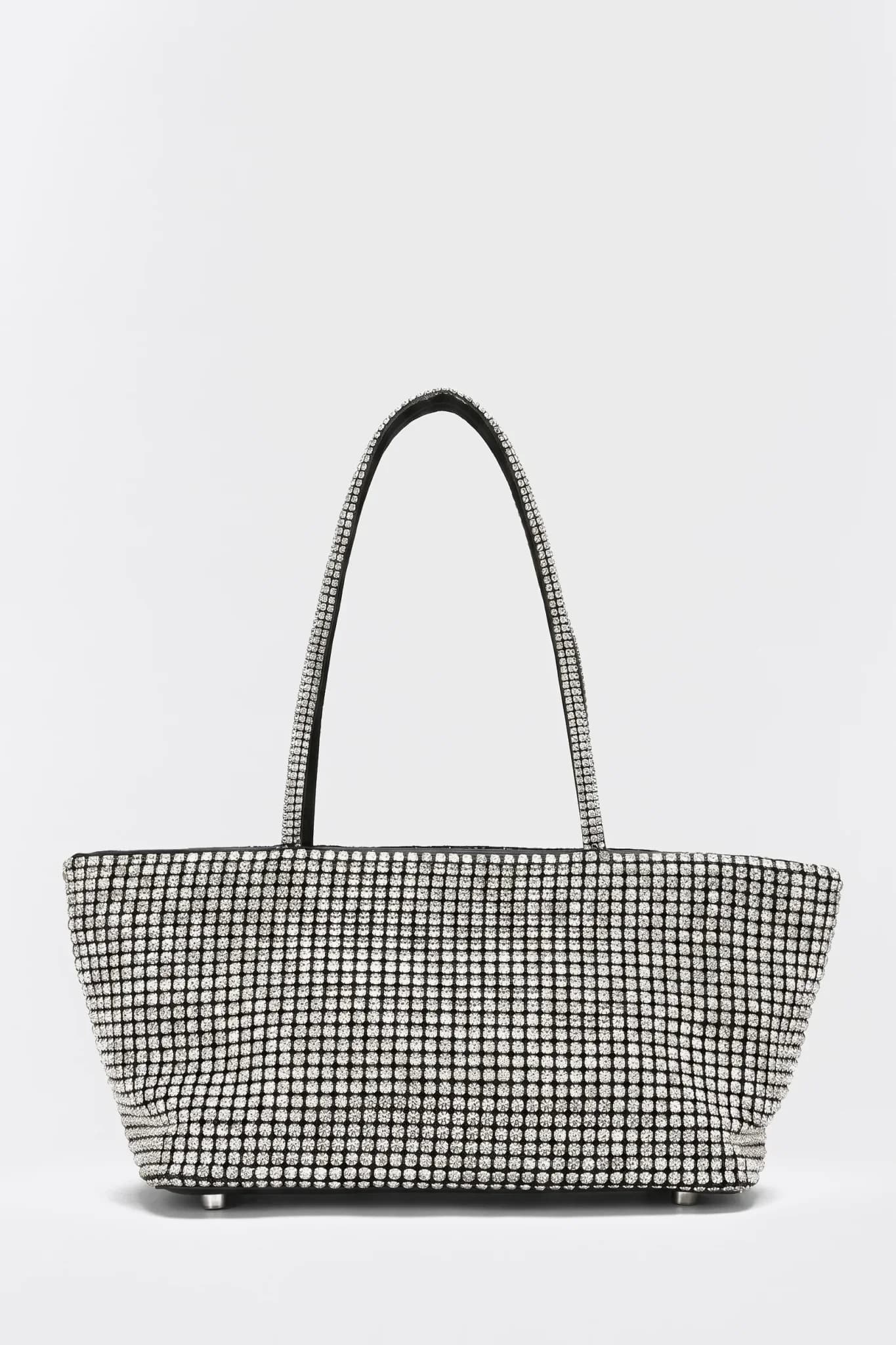 Borsa tote rigida in strass argento, vista frontale su fondo neutro