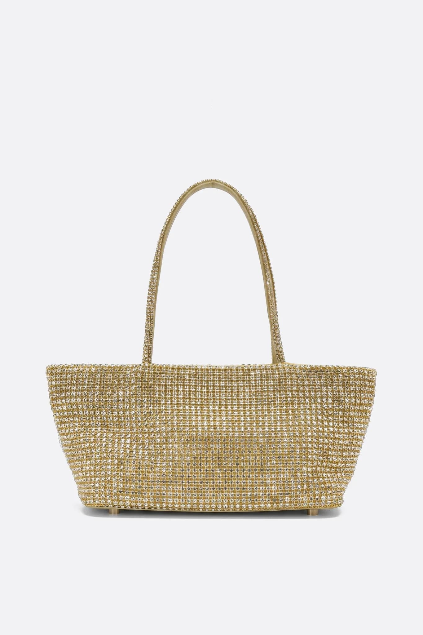 Rigid gold strass tote bag, front view on neutral background
