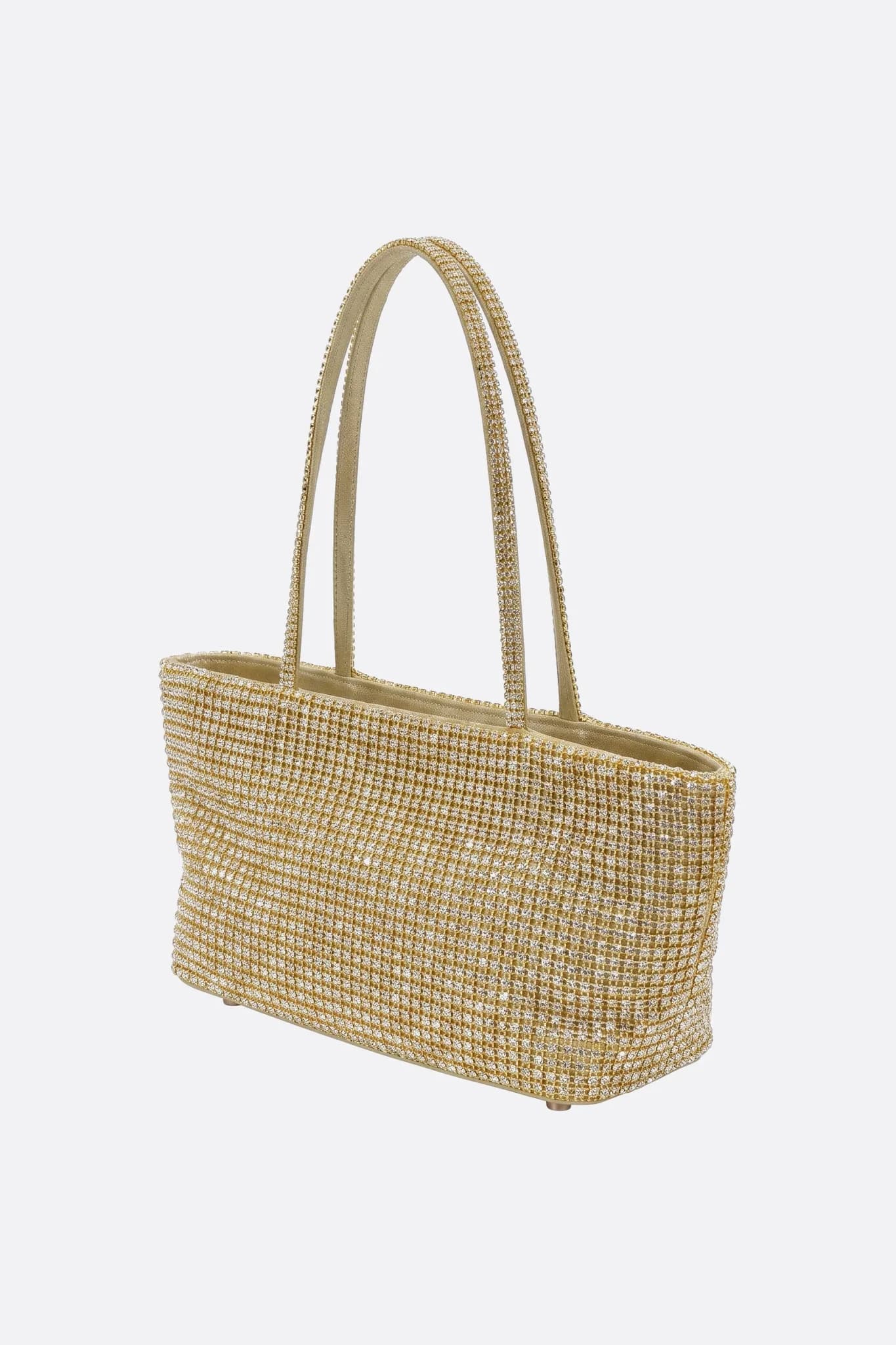 Bolso tote rígido de strass dorado, vista de tres cuartos