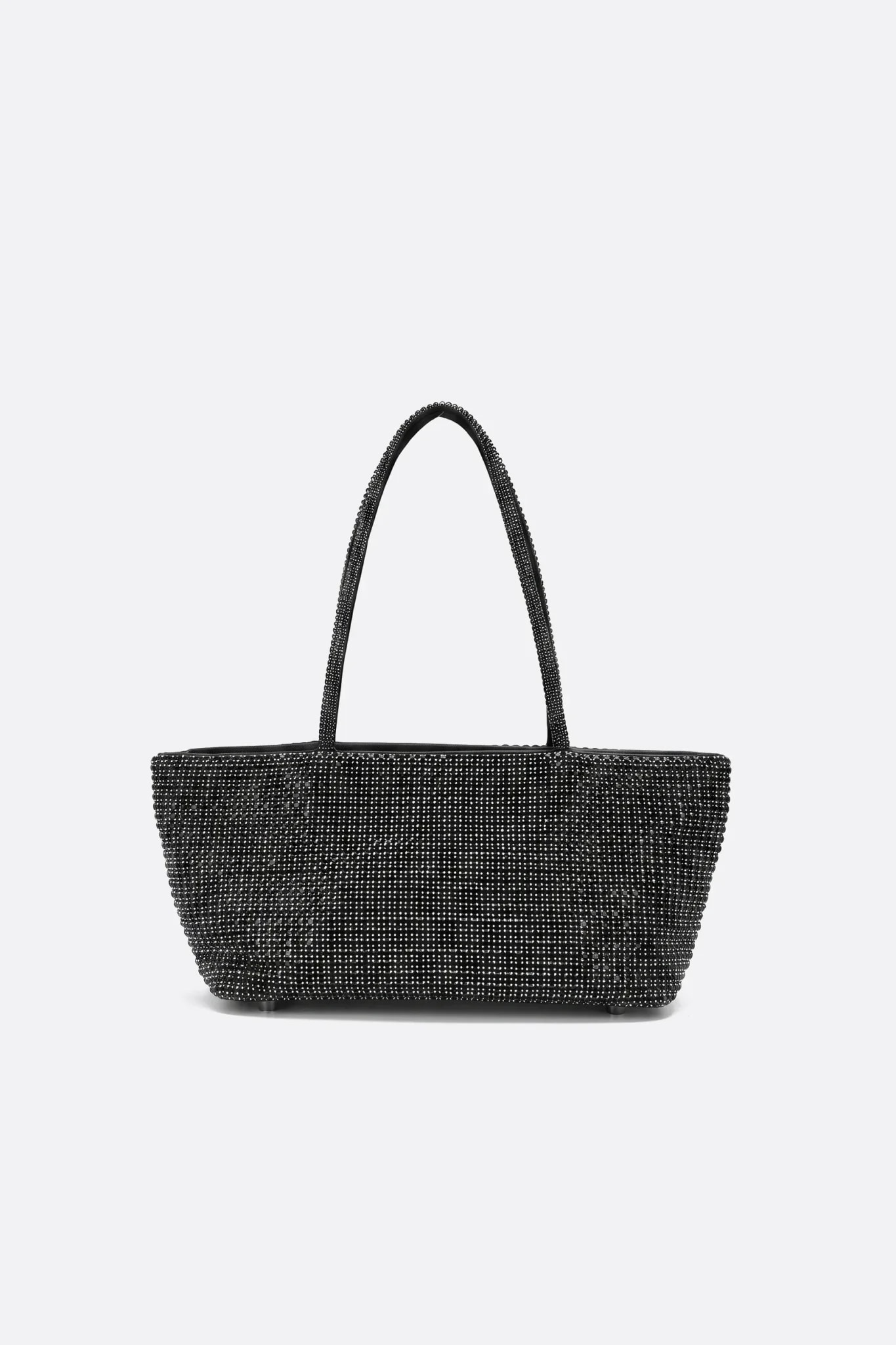 Rigid black rhinestone tote bag, front view on neutral background