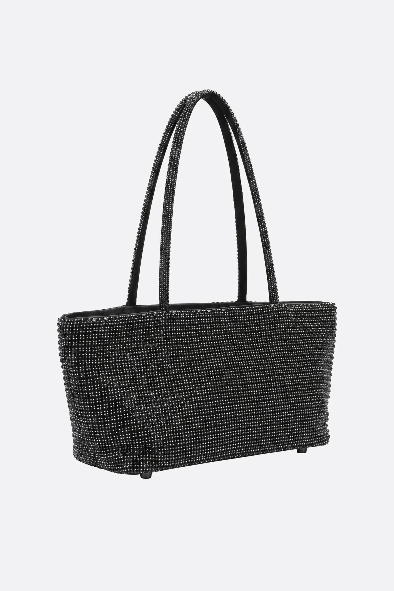 Bolso tote rígido de strass negro, vista de tres cuartos