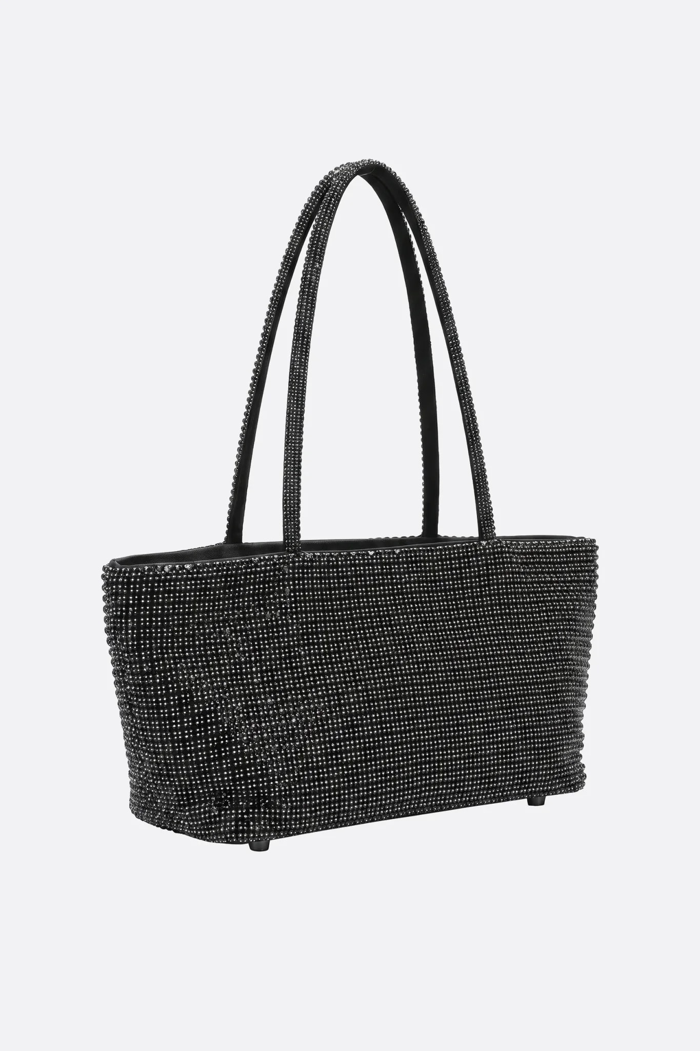 Rigid black rhinestone tote bag, three-quarter view