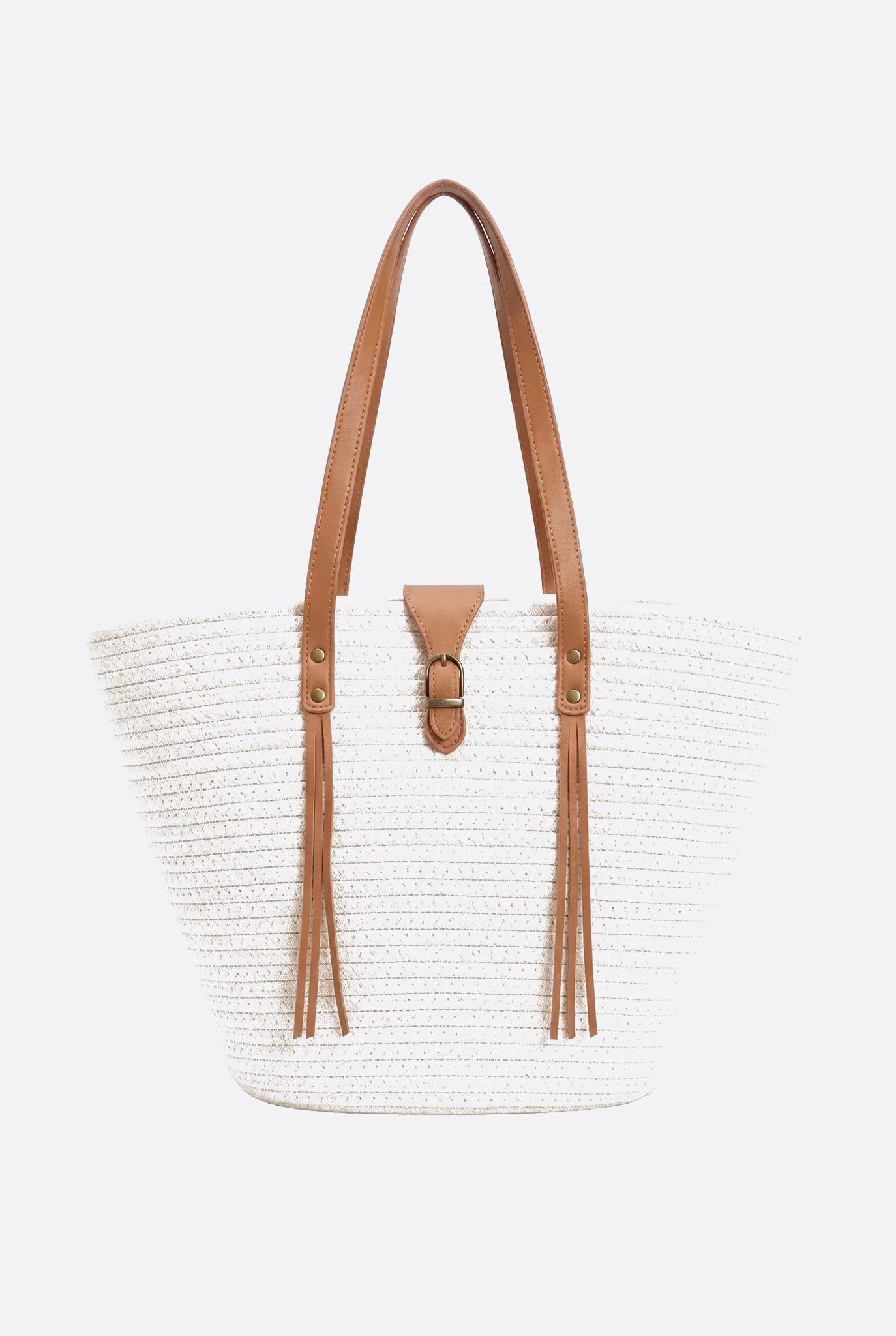 White cream straw-effect woven tote bag, front view on neutral background
