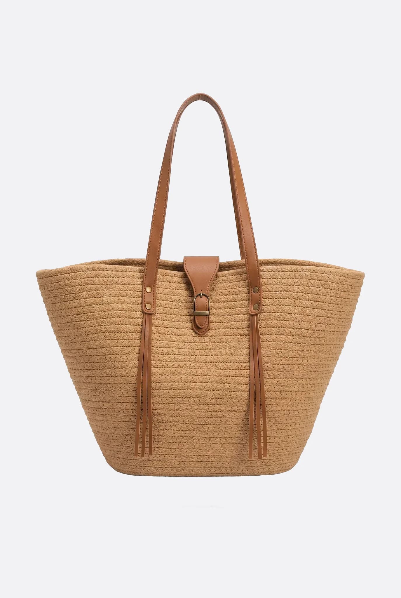 Woven straw-effect brown tote bag, front view on neutral background