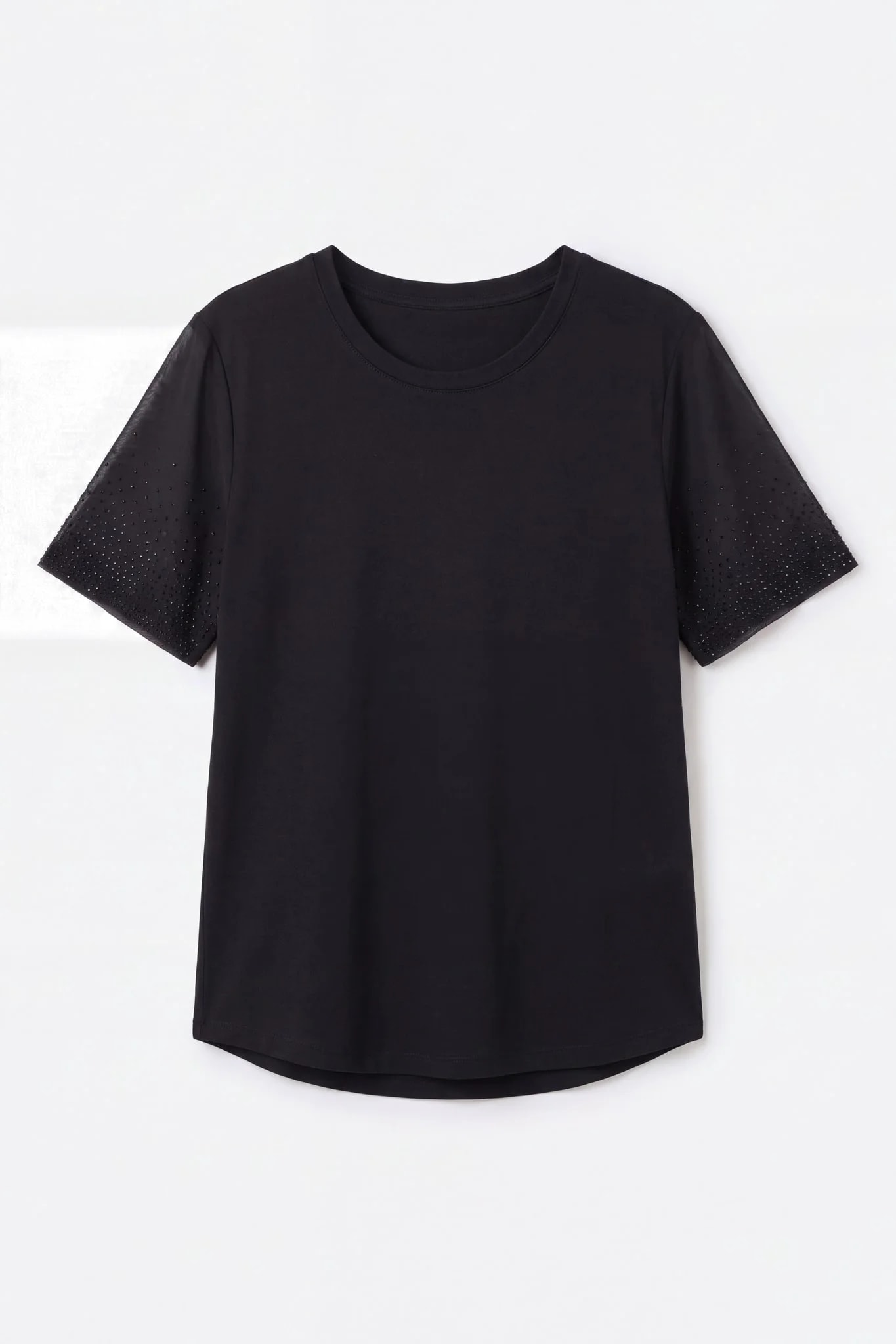 T-shirt noir à manches strassées à plat, manches déployées et dégradé de strass visible