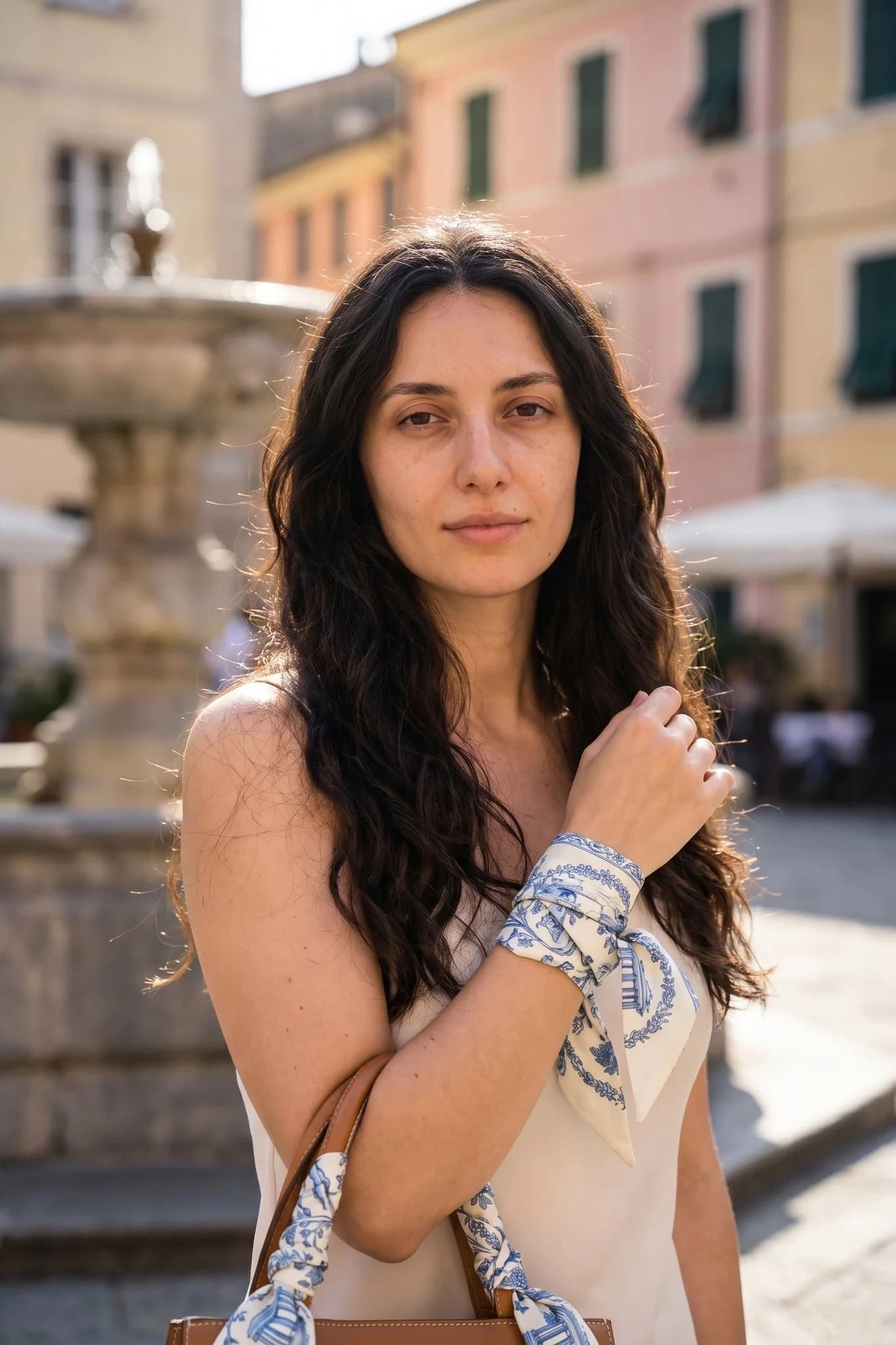 Femme portant le twilly Toile de rêverie au poignet et sur l'anse de son sac, terrasse parisienne