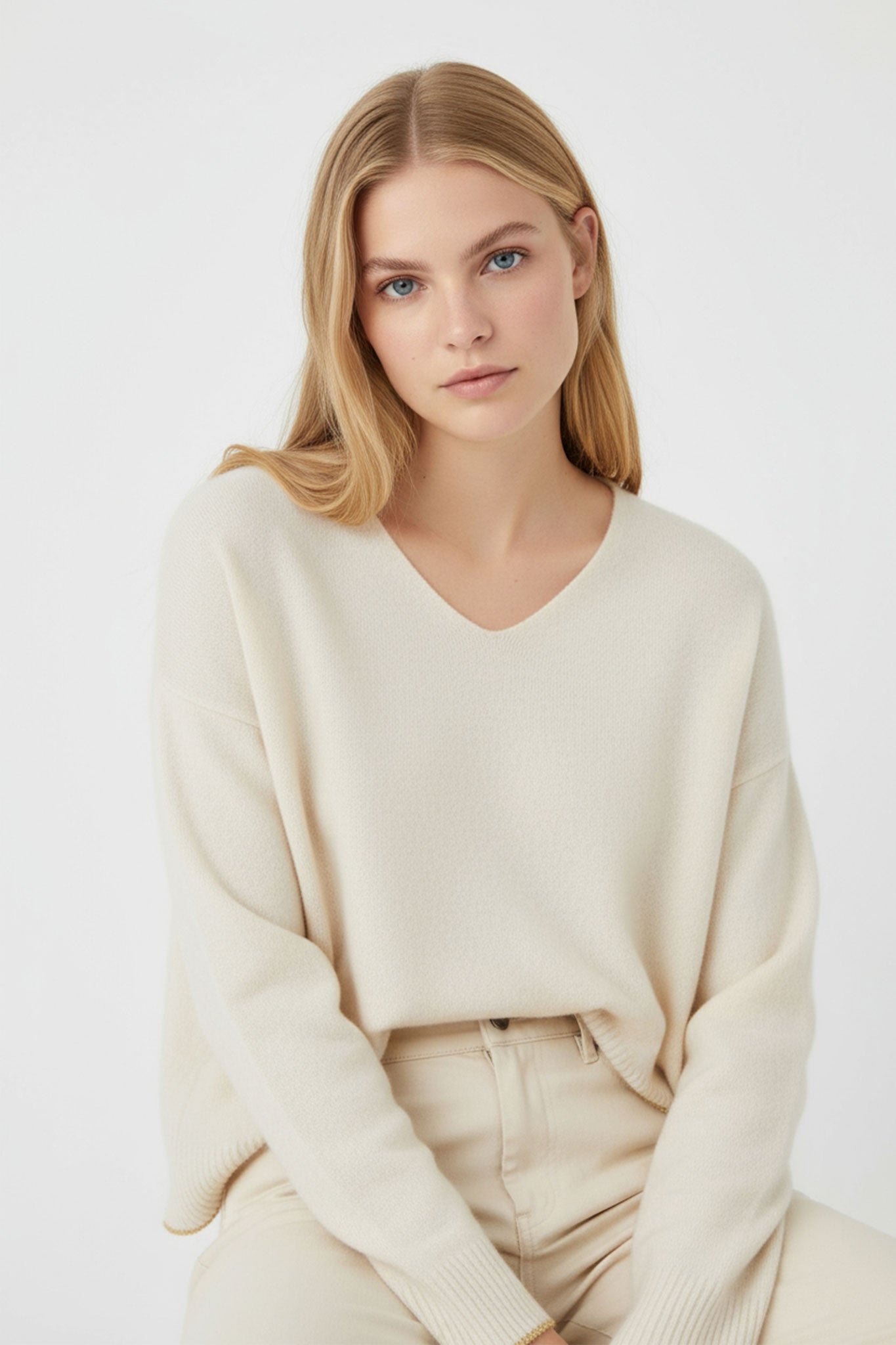 Detail des beigefarbenen Pullovers aus Merinowolle und Kaschmir, V-Ausschnitt, verziert mit goldenen Details für einen schicken und eleganten Look.