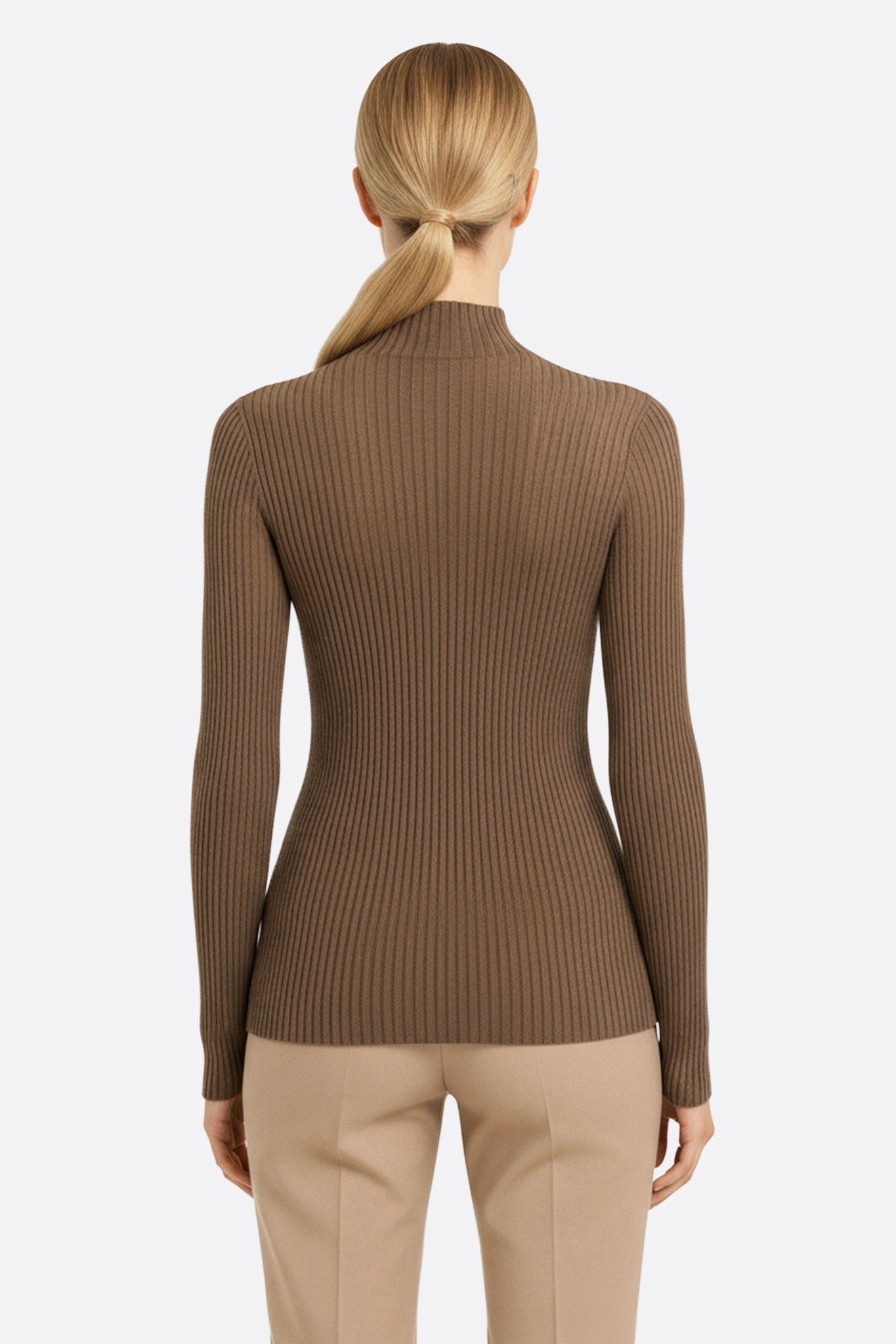 Refined detail of the brown long-sleeve pullover, with nude transparent yoke, perfect for your elegant outings.