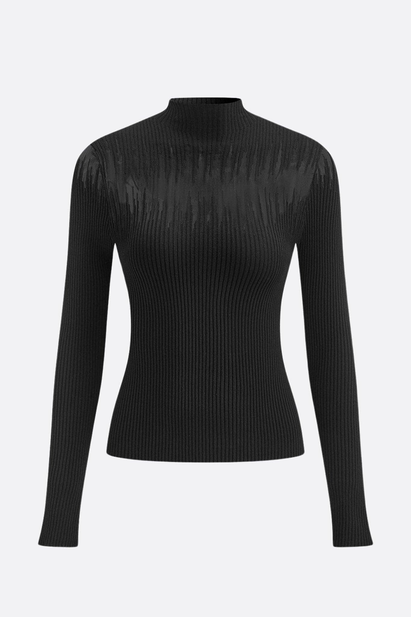 Schwarzer Pullover in Rippstrick mit langen Ärmeln, der einen transparenten Nude-Einsatz hervorhebt, für einen modernen Stil.