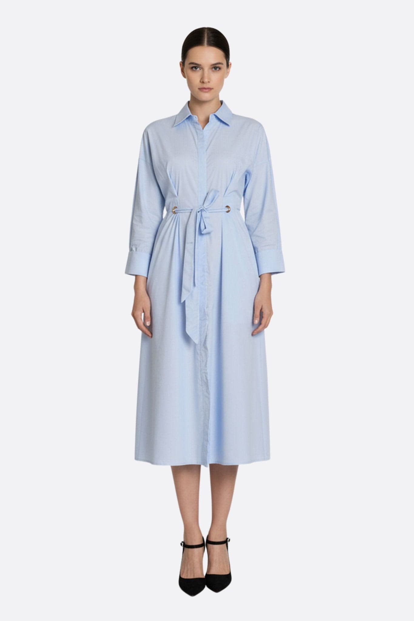 Langes fließendes kobaltblaues Hemdblusenkleid, elegant und raffiniert, perfekt für einen schicken Abend oder einen Termin im Büro.