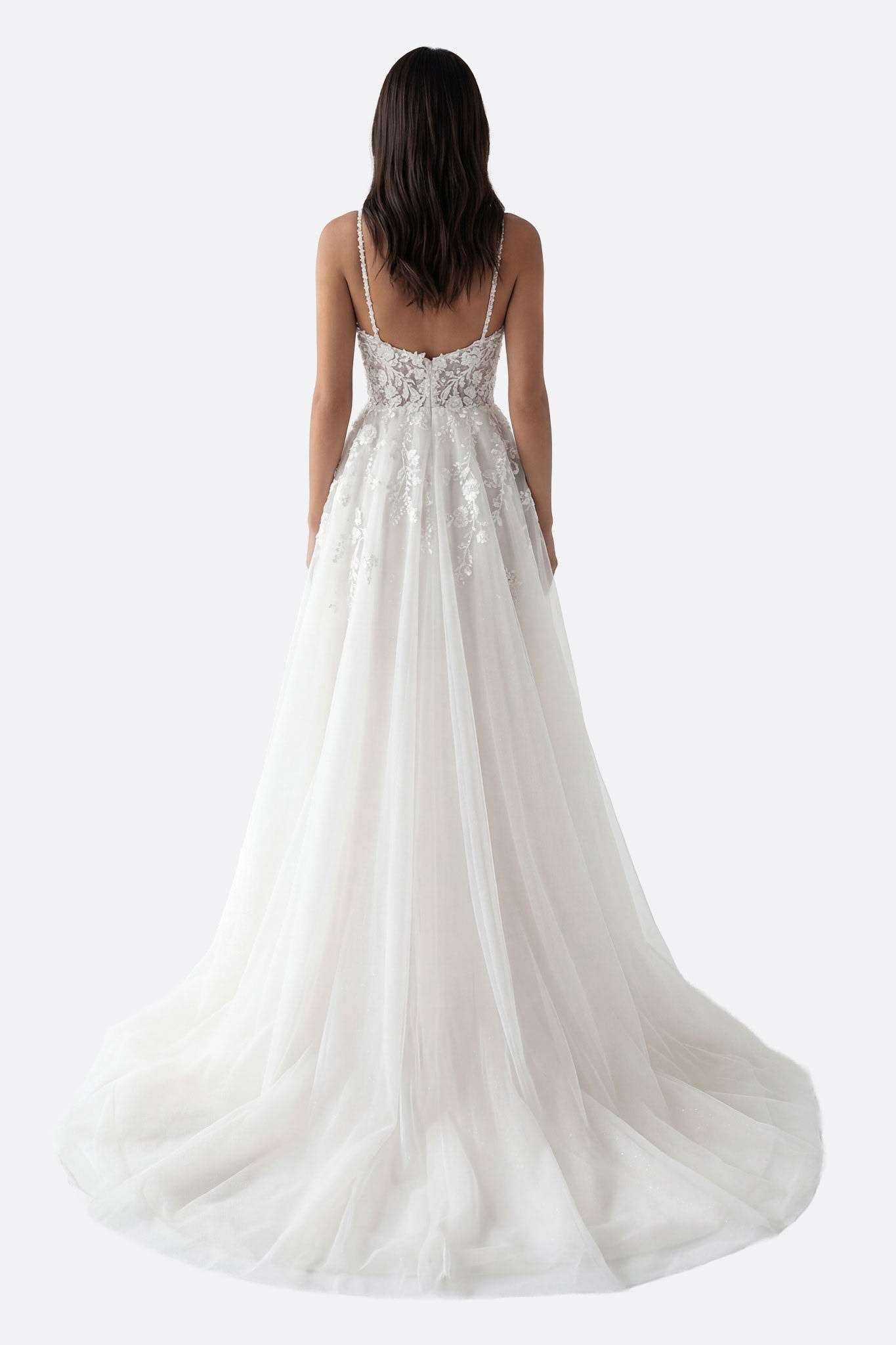 Vestido de novia fluido con tirantes de tul bordado - Misciano