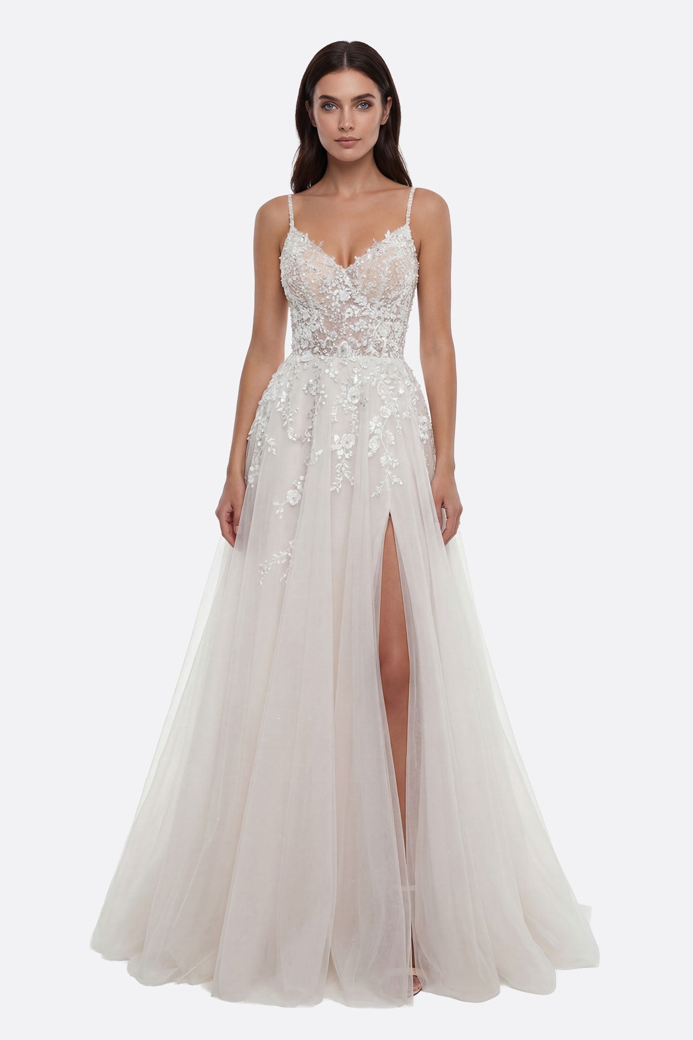 Vestido de novia fluido con tirantes de tul bordado - Misciano
